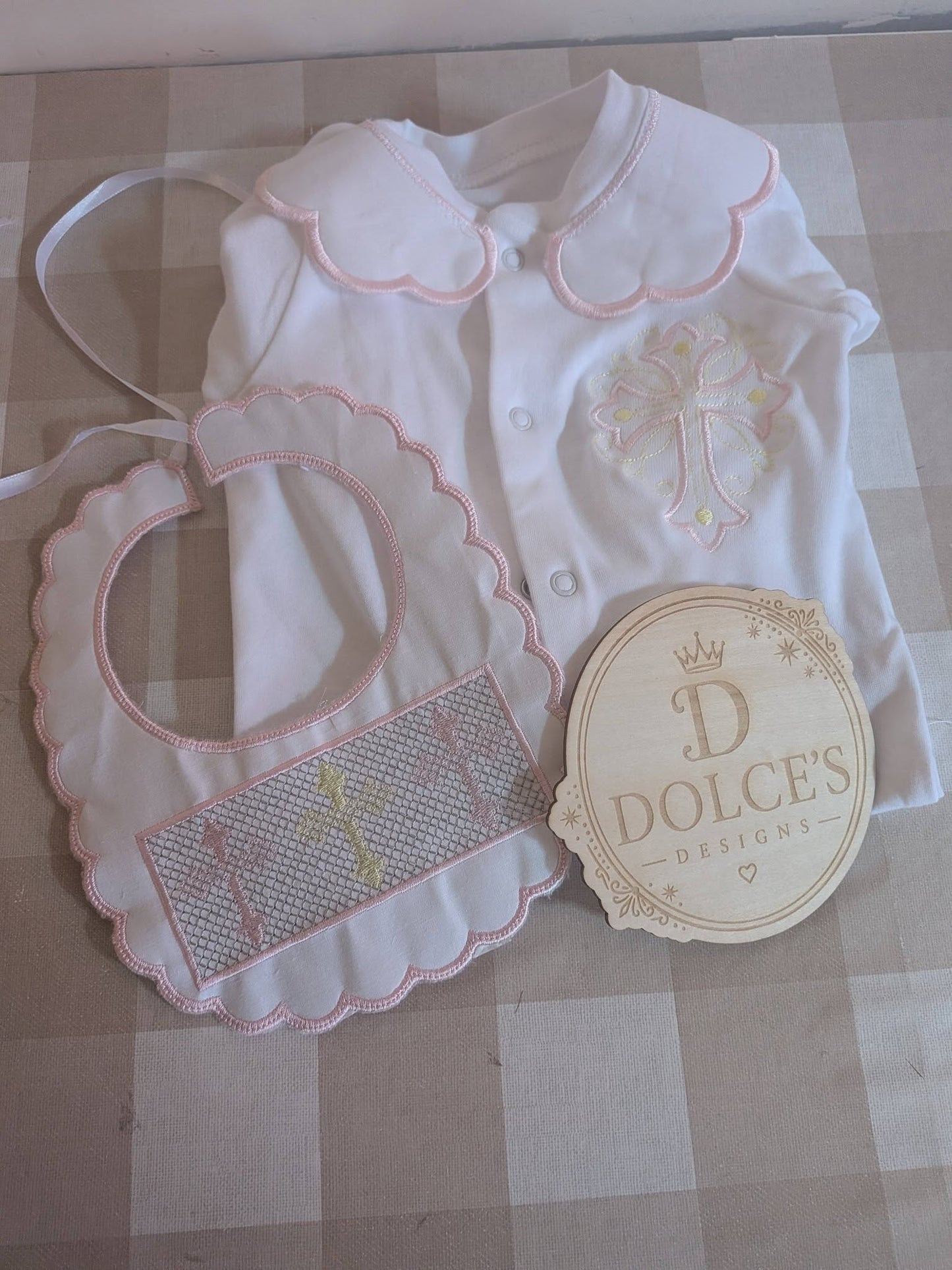 Luxury Faux Smocked Religious Cross Baby Gift Set | Embroidered Peter Pan Collar Babygrow & Matching Bib | Pink & Yellow Christening Outfit