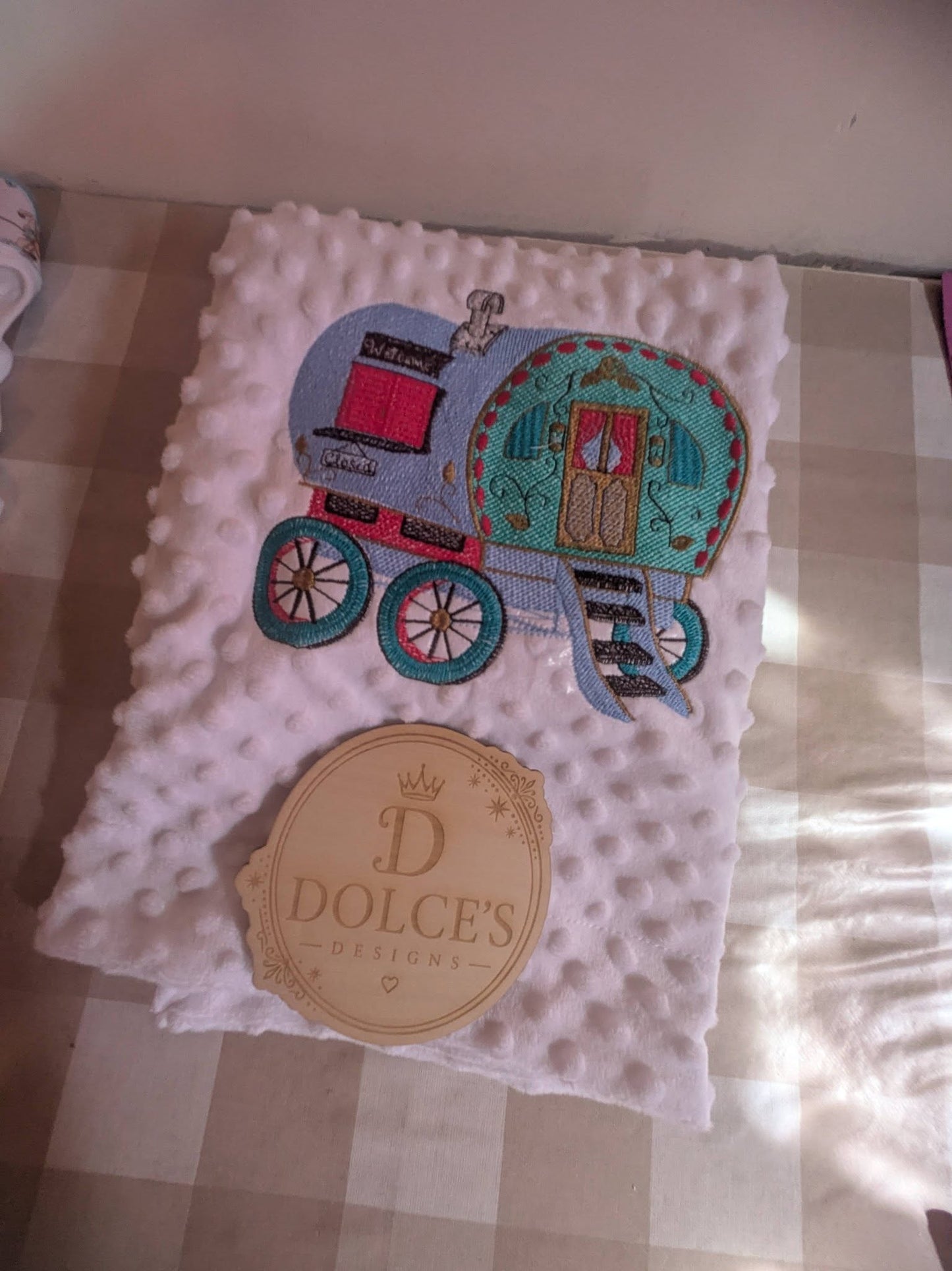 Luxury Gypsy Wagon Embroidered Baby Blanket | Soft White Minky Pram Blanket | Personalised Baby Blanket | New Baby Gift