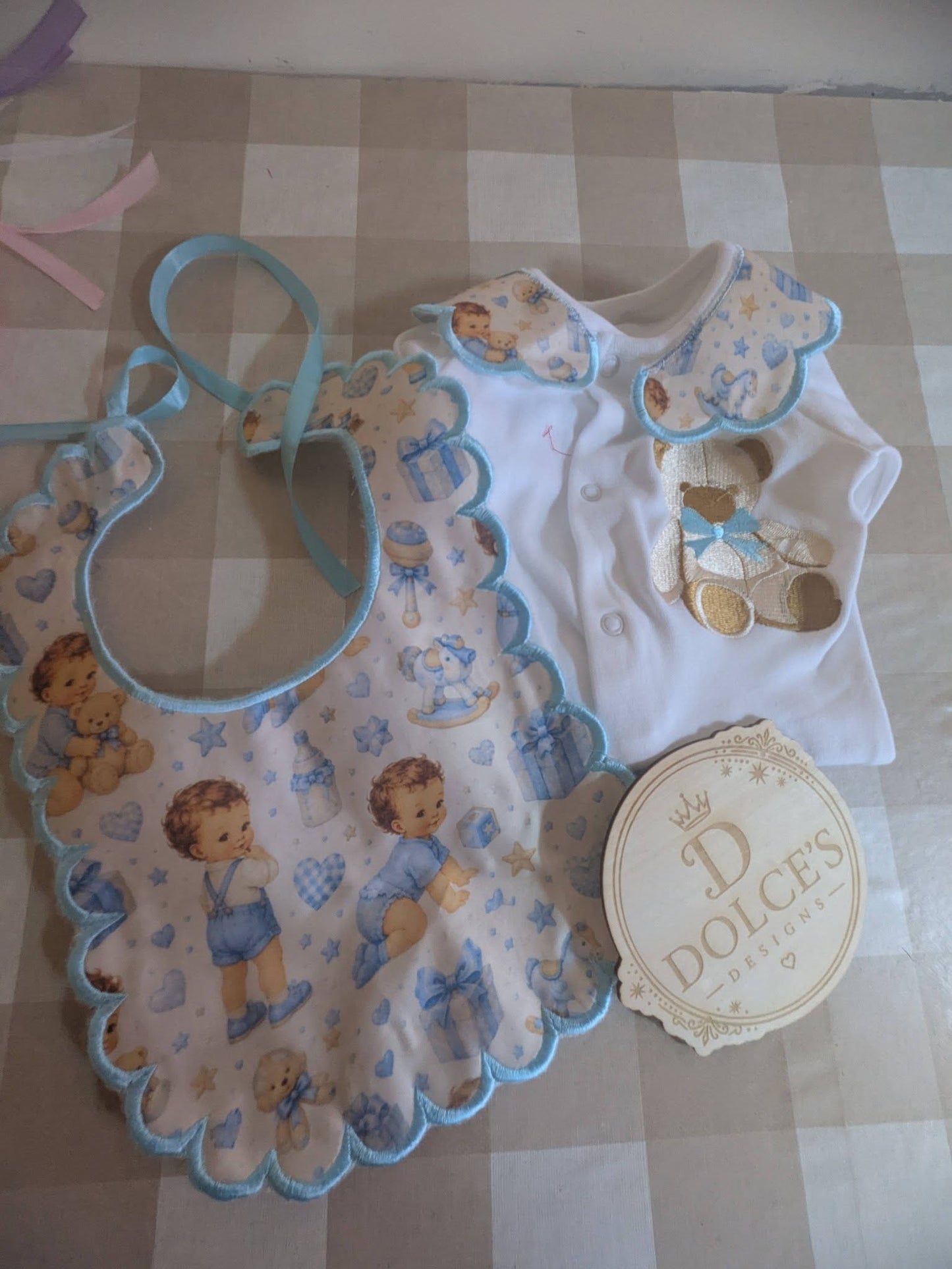 Luxury Blue Teddy Bear Baby Gift Set | Embroidered Peter Pan Collar Babygrow & Matching Bib | Boutique Baby Boy Outfit | Personalised