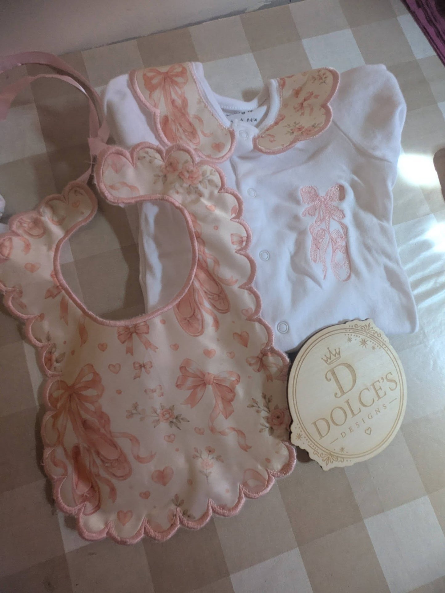 Pink Ballet Shoes Baby Gift Set | Embroidered Peter Pan Collar Babygrow & Matching Bib | Boutique Baby Girl Outfit | Personalised