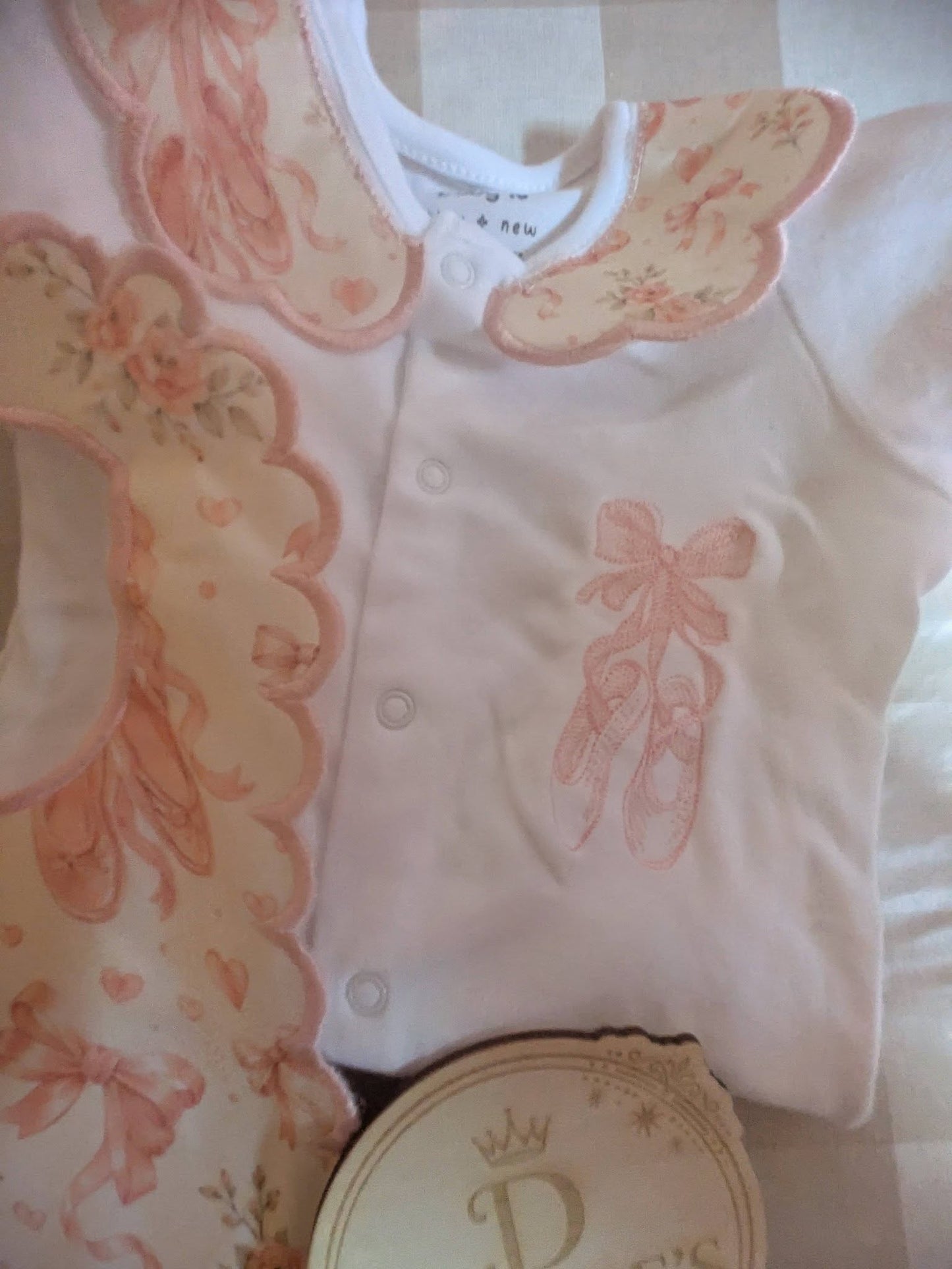 Pink Ballet Shoes Baby Gift Set | Embroidered Peter Pan Collar Babygrow & Matching Bib | Boutique Baby Girl Outfit | Personalised