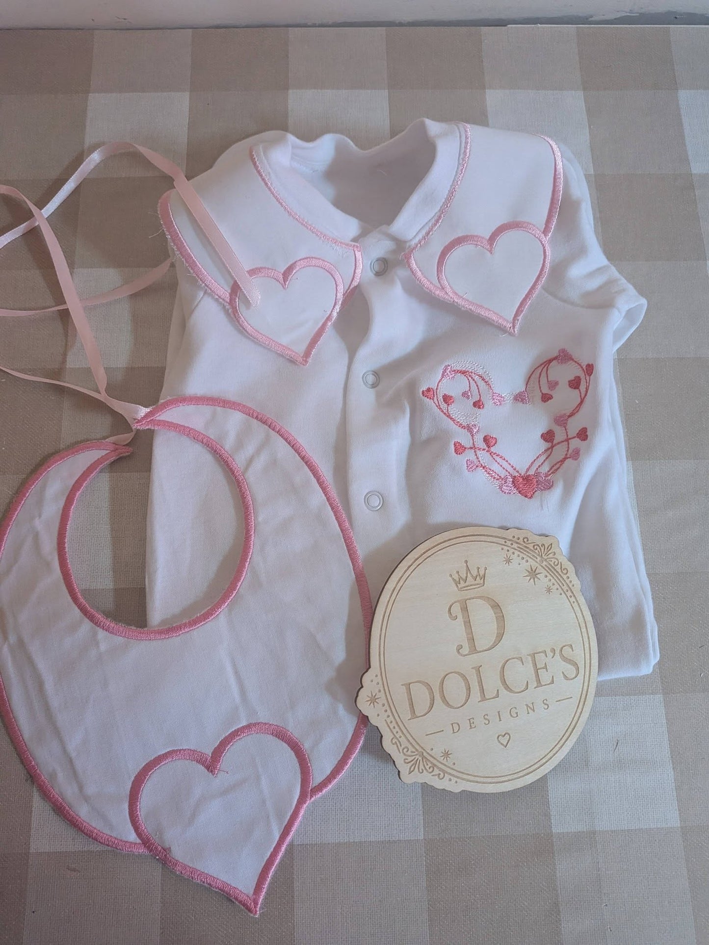 Luxury Love Heart Baby Gift Set | Embroidered Peter Pan Collar Babygrow & Matching Bib | Boutique Baby Girl Outfit | Personalised
