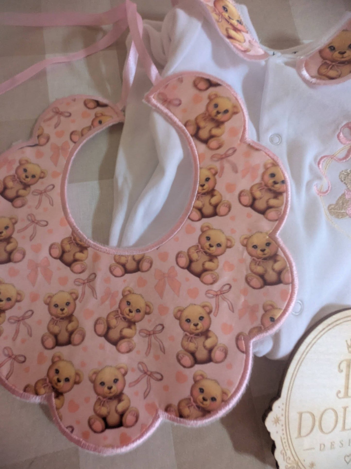 Luxury Pink Teddy Bear Baby Gift Set | Embroidered Peter Pan Collar Babygrow & Matching Bib | Boutique Baby Girl Outfit | Personalised