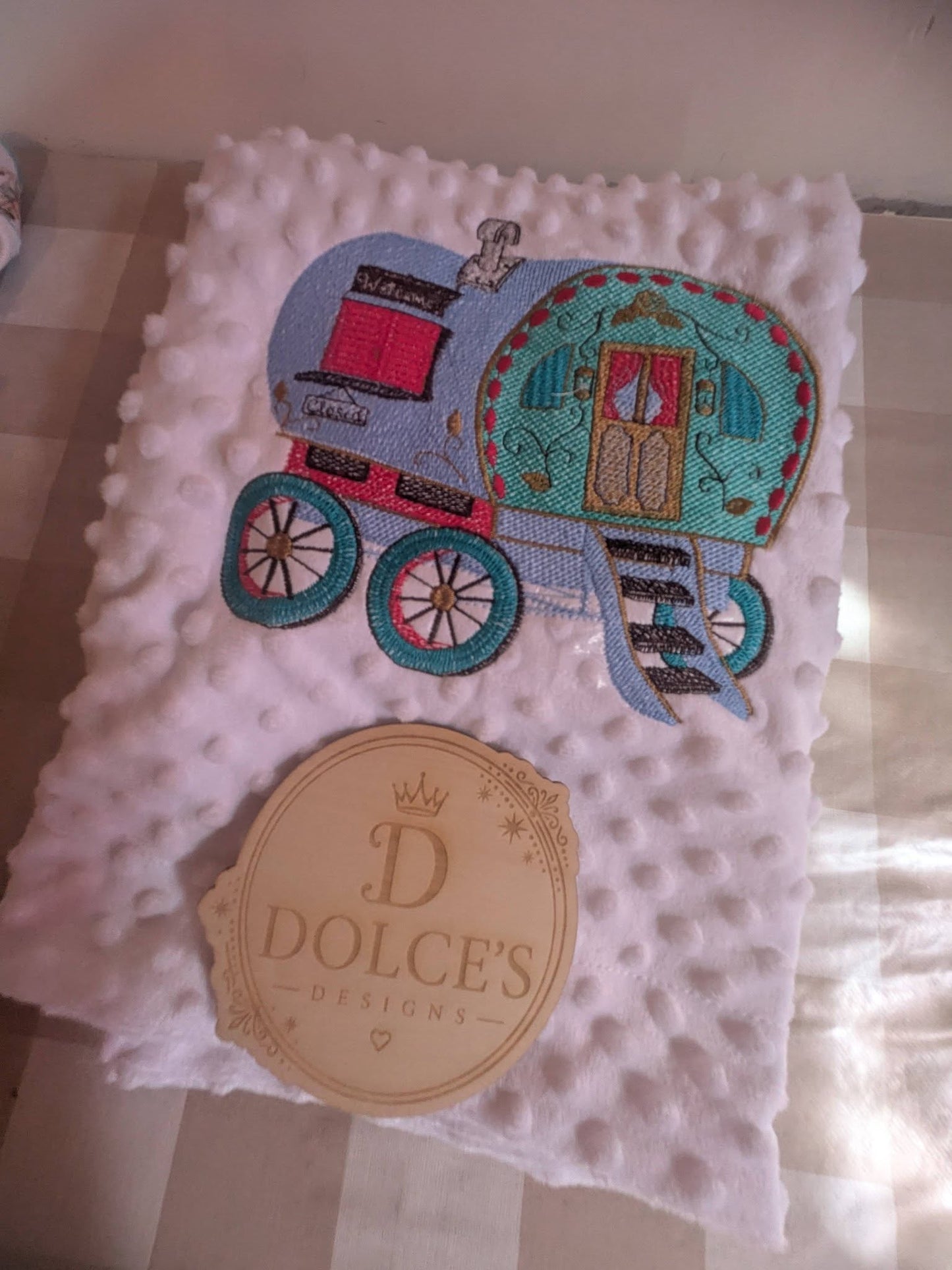 Luxury Gypsy Wagon Embroidered Baby Blanket | Soft White Minky Pram Blanket | Personalised Baby Blanket | New Baby Gift
