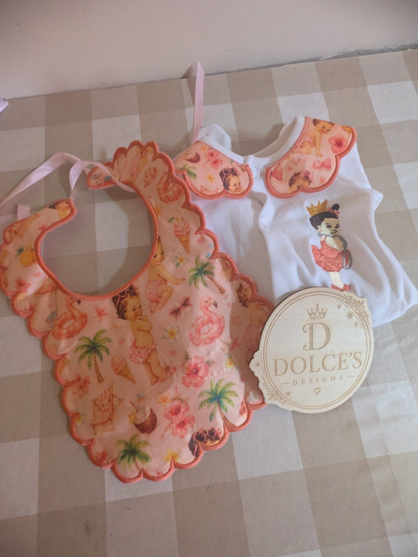 Luxury Tropical Princess Baby Gift Set | Embroidered Peter Pan Collar Babygrow & Matching Bib | Boutique Baby Girl Outfit | Personalised