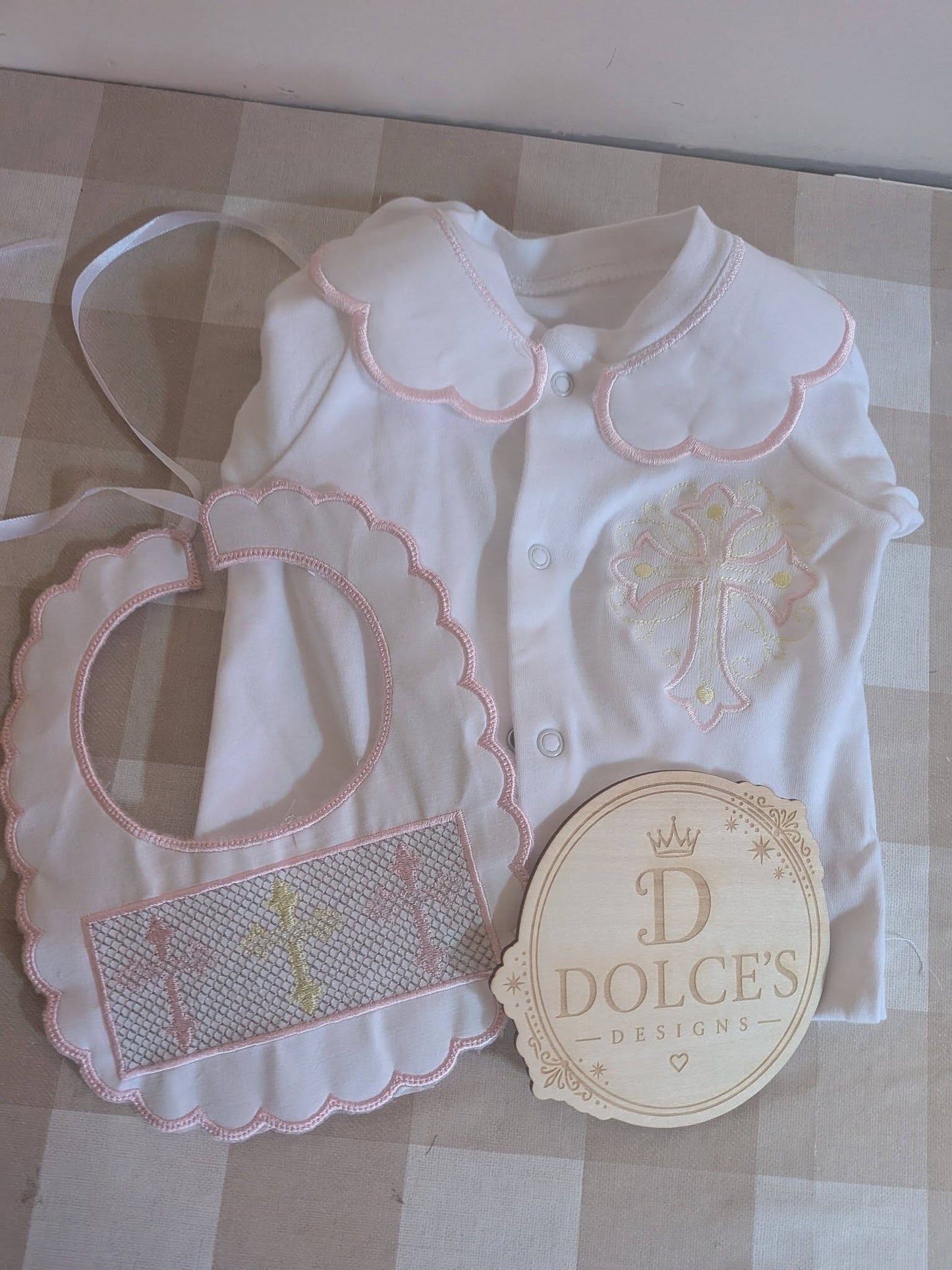 Luxury Faux Smocked Religious Cross Baby Gift Set | Embroidered Peter Pan Collar Babygrow & Matching Bib | Pink & Yellow Christening Outfit