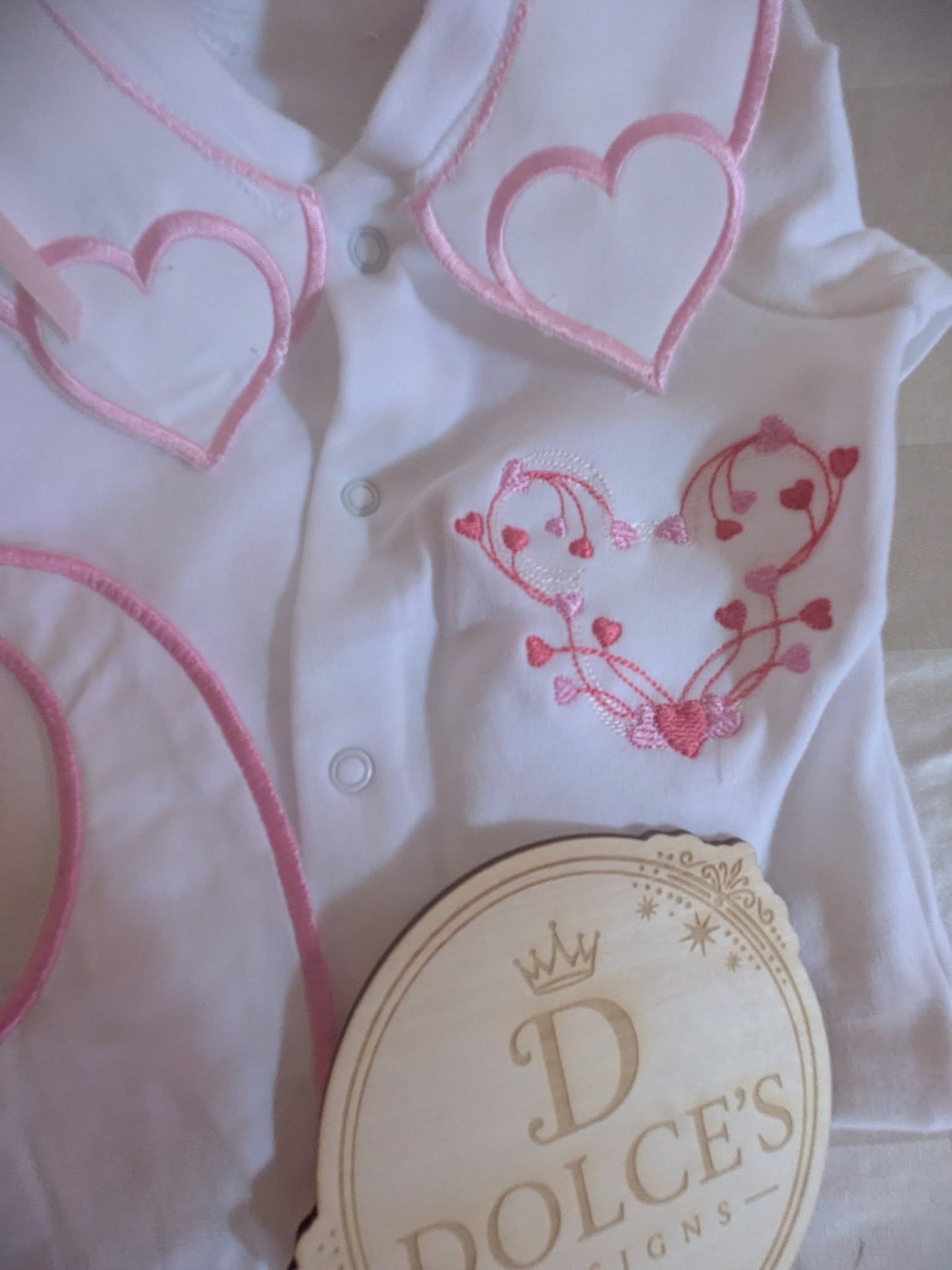 Luxury Love Heart Baby Gift Set | Embroidered Peter Pan Collar Babygrow & Matching Bib | Boutique Baby Girl Outfit | Personalised