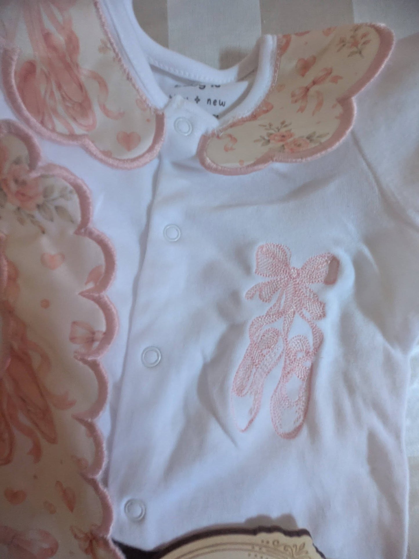 Pink Ballet Shoes Baby Gift Set | Embroidered Peter Pan Collar Babygrow & Matching Bib | Boutique Baby Girl Outfit | Personalised