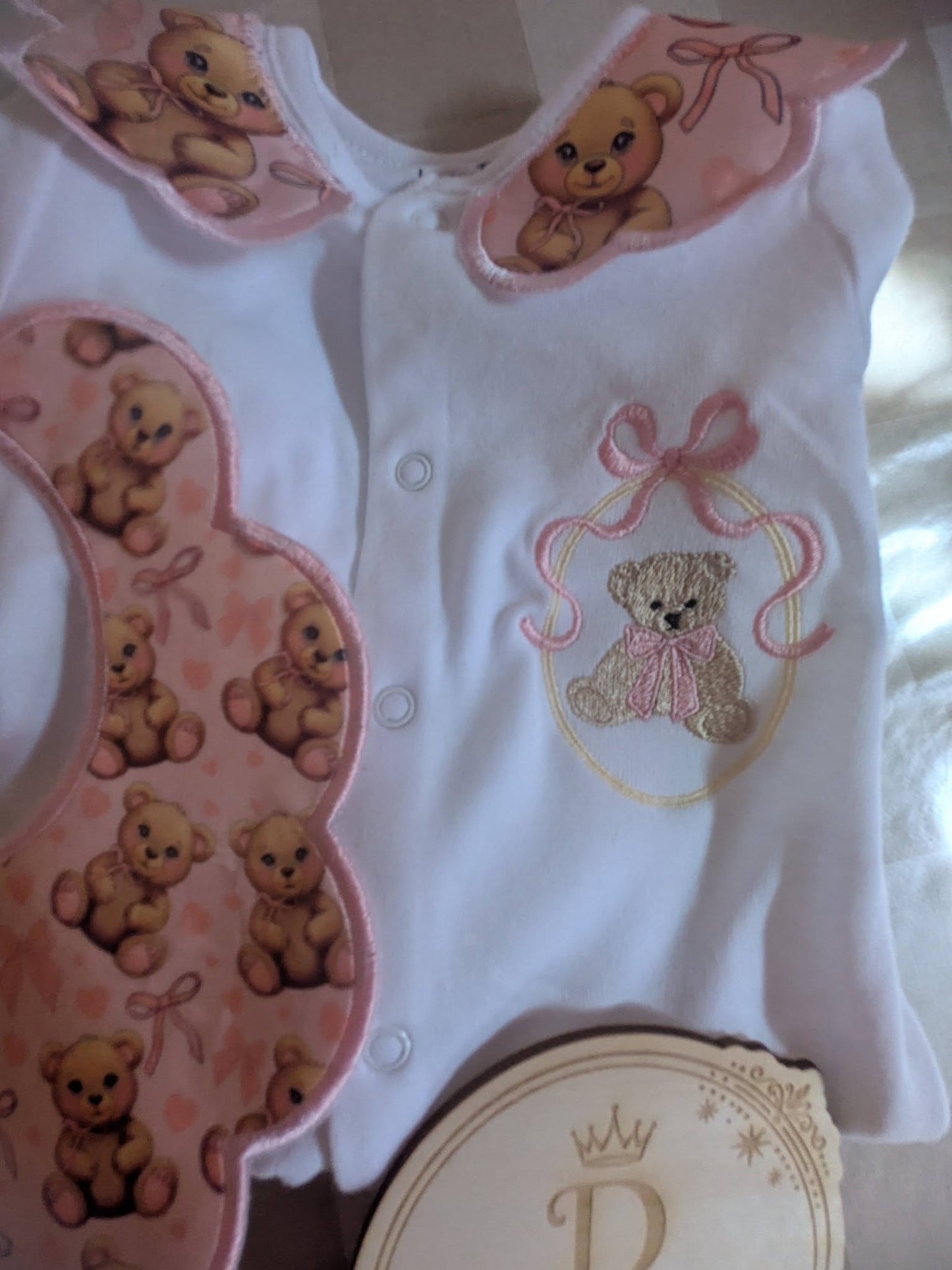 Luxury Pink Teddy Bear Baby Gift Set | Embroidered Peter Pan Collar Babygrow & Matching Bib | Boutique Baby Girl Outfit | Personalised