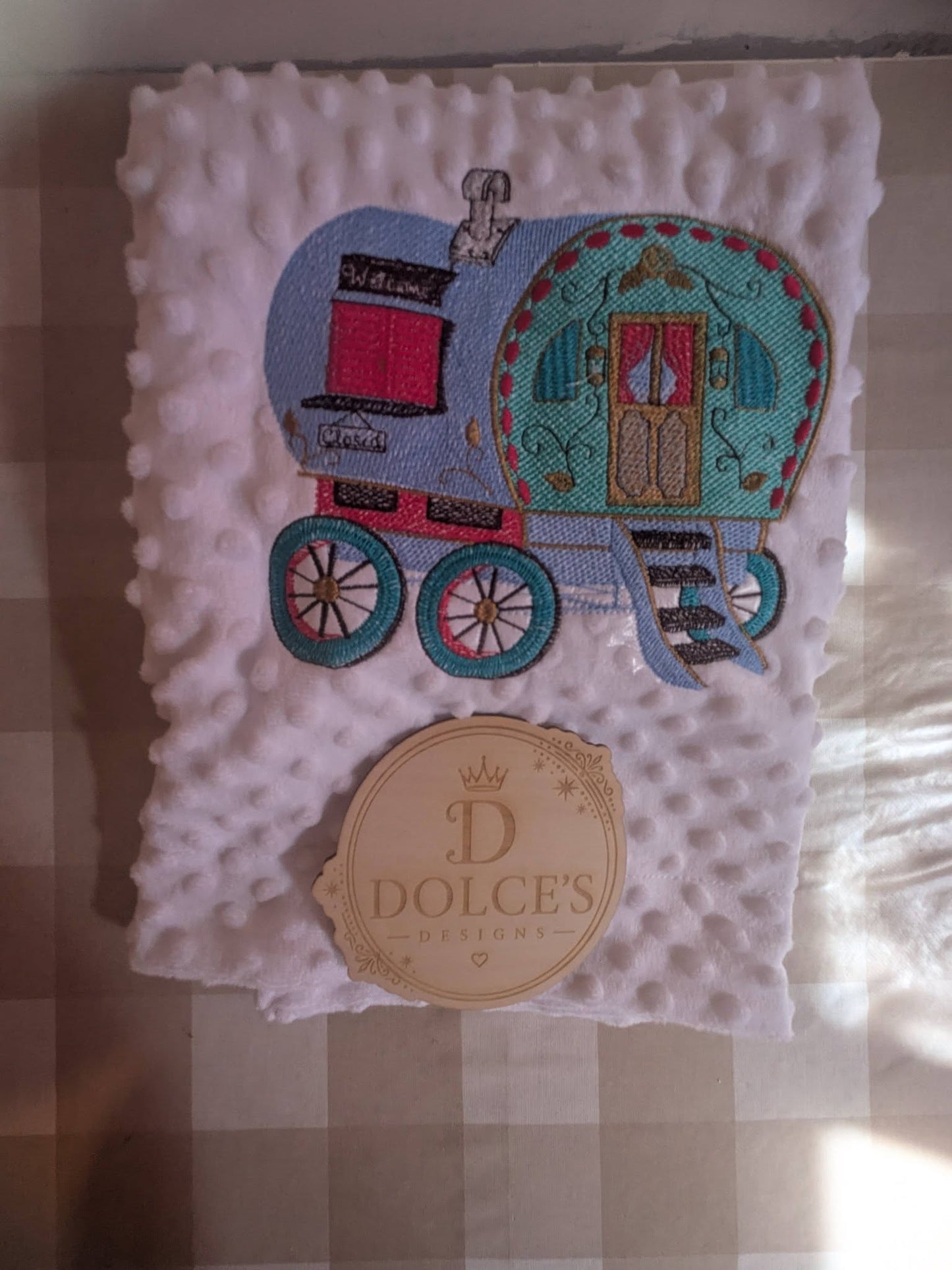 Luxury Gypsy Wagon Embroidered Baby Blanket | Soft White Minky Pram Blanket | Personalised Baby Blanket | New Baby Gift