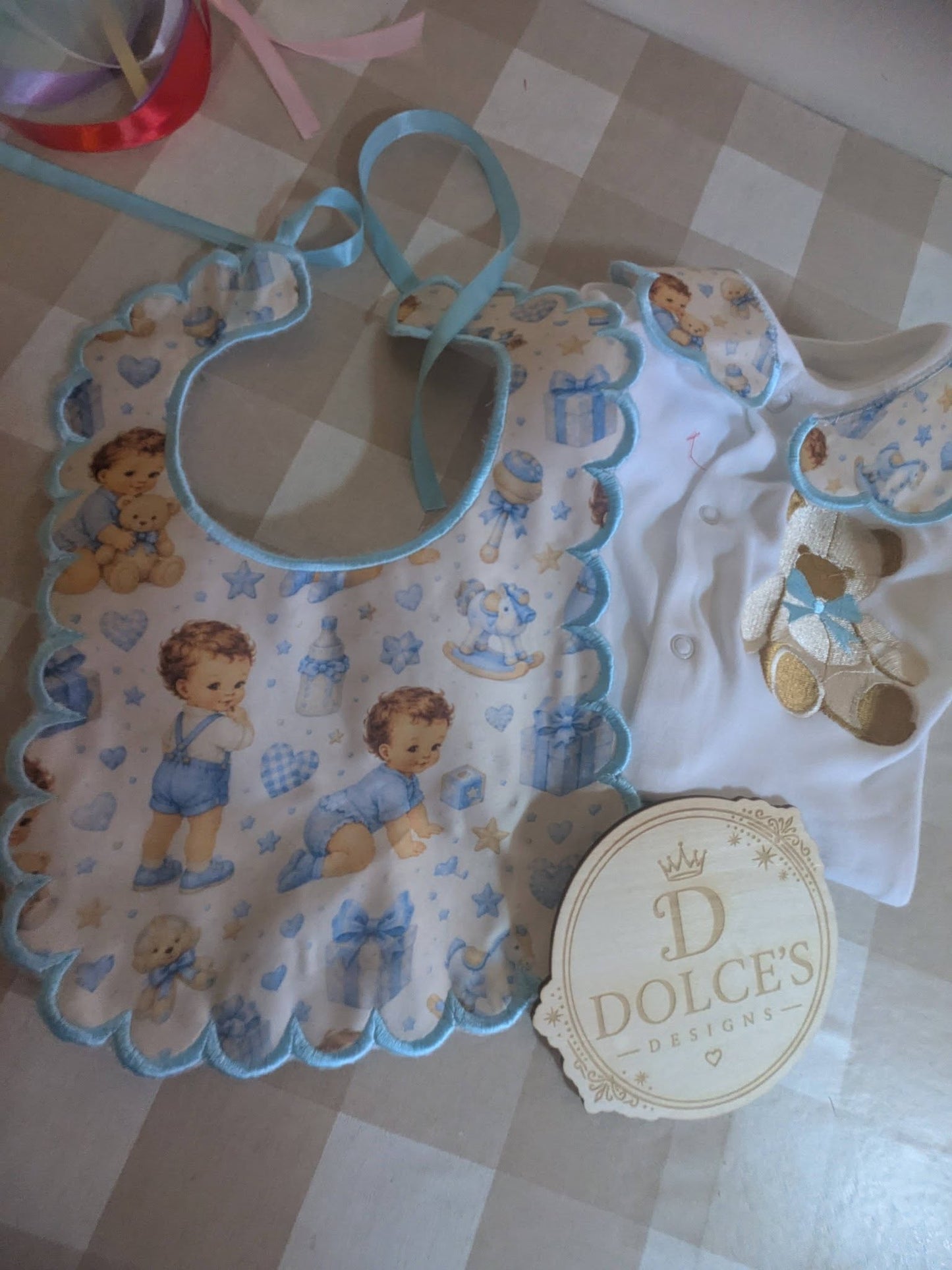Luxury Blue Teddy Bear Baby Gift Set | Embroidered Peter Pan Collar Babygrow & Matching Bib | Boutique Baby Boy Outfit | Personalised