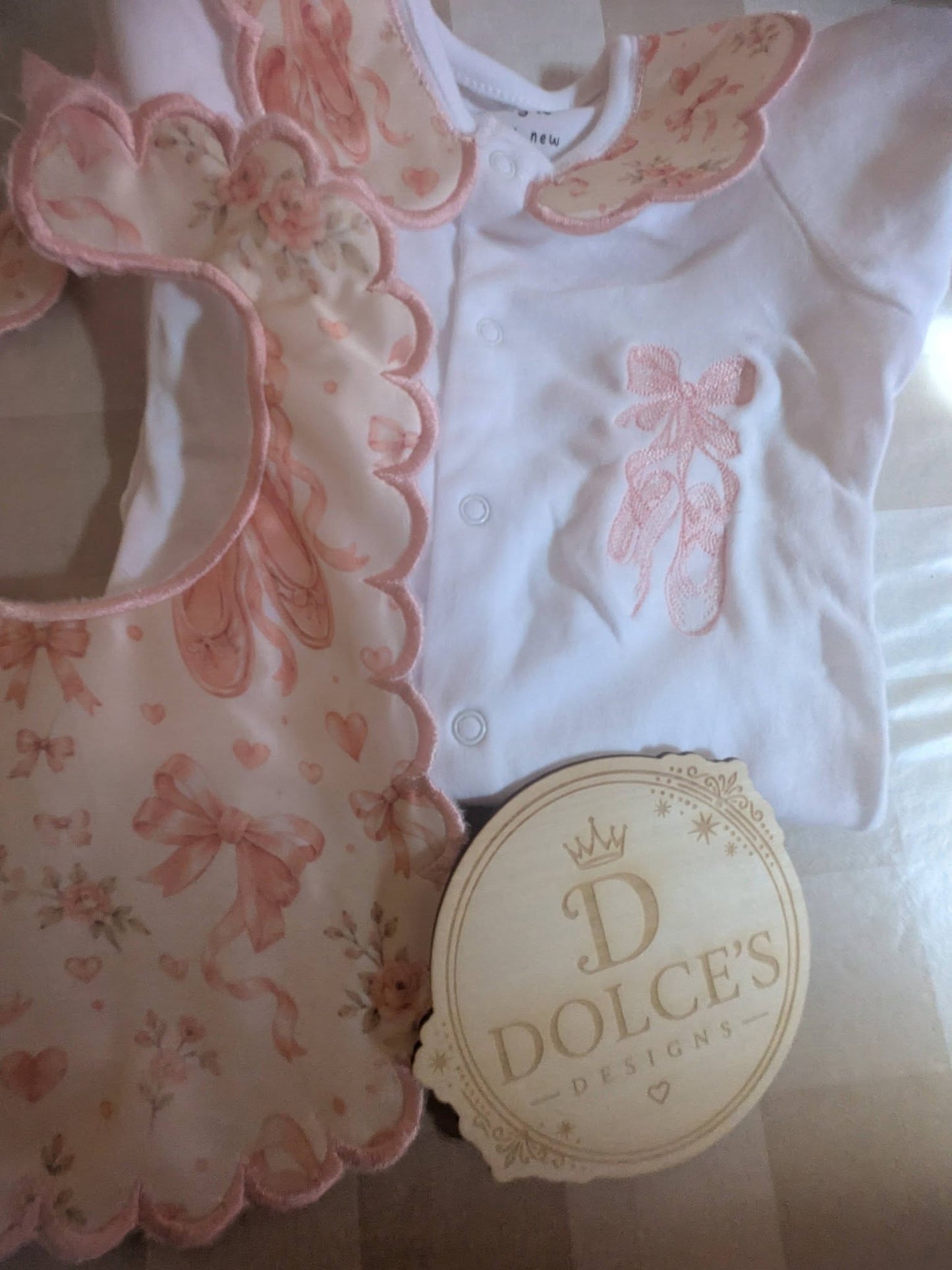 Pink Ballet Shoes Baby Gift Set | Embroidered Peter Pan Collar Babygrow & Matching Bib | Boutique Baby Girl Outfit | Personalised