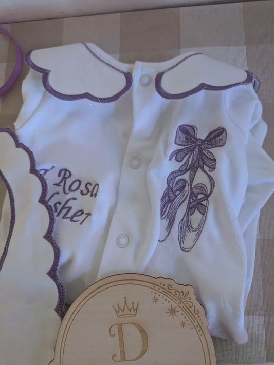 Personalised Ballet Baby 3 Piece Set – Embroidered Babygrow, Bib & Muslin