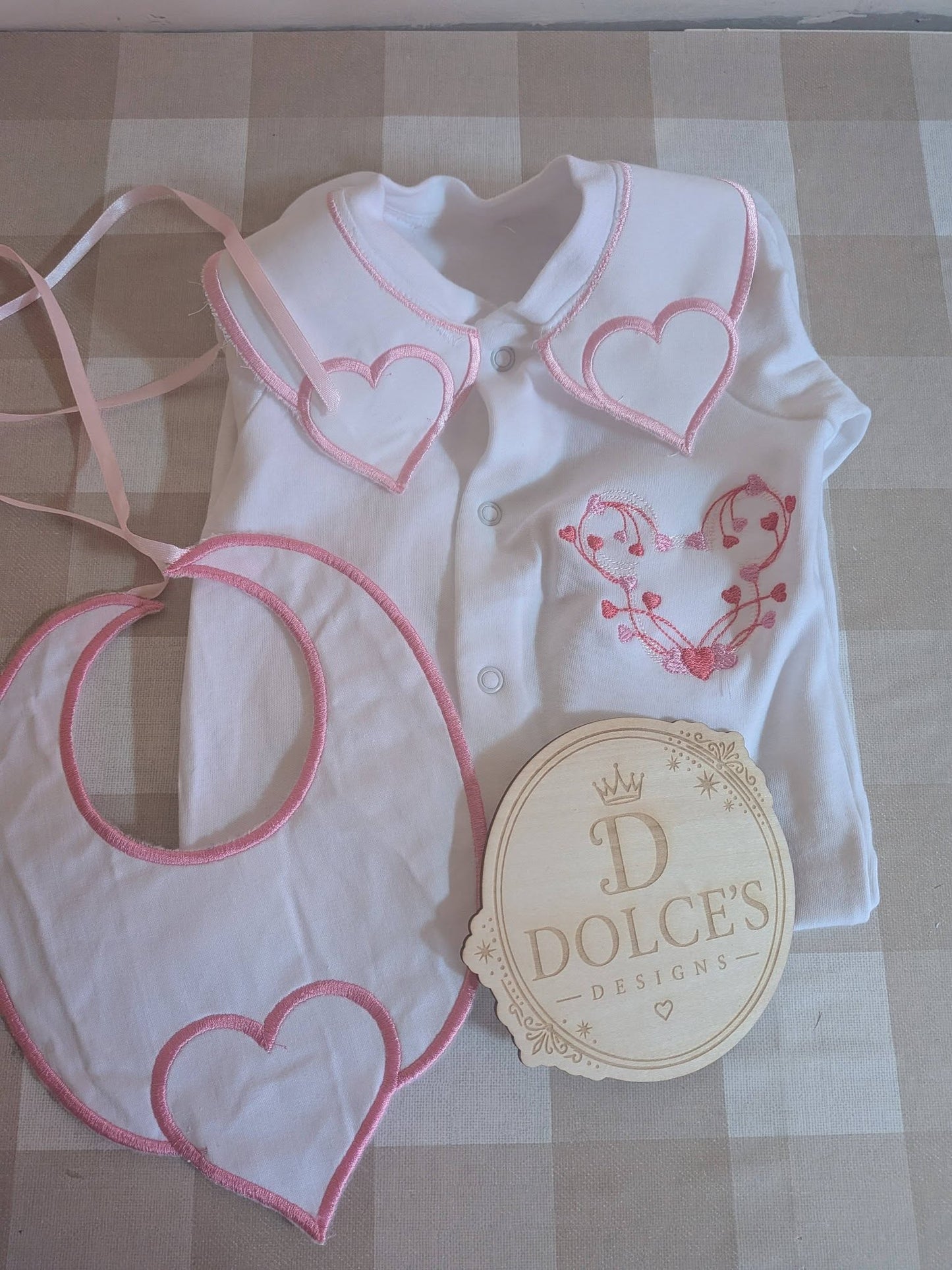Luxury Love Heart Baby Gift Set | Embroidered Peter Pan Collar Babygrow & Matching Bib | Boutique Baby Girl Outfit | Personalised