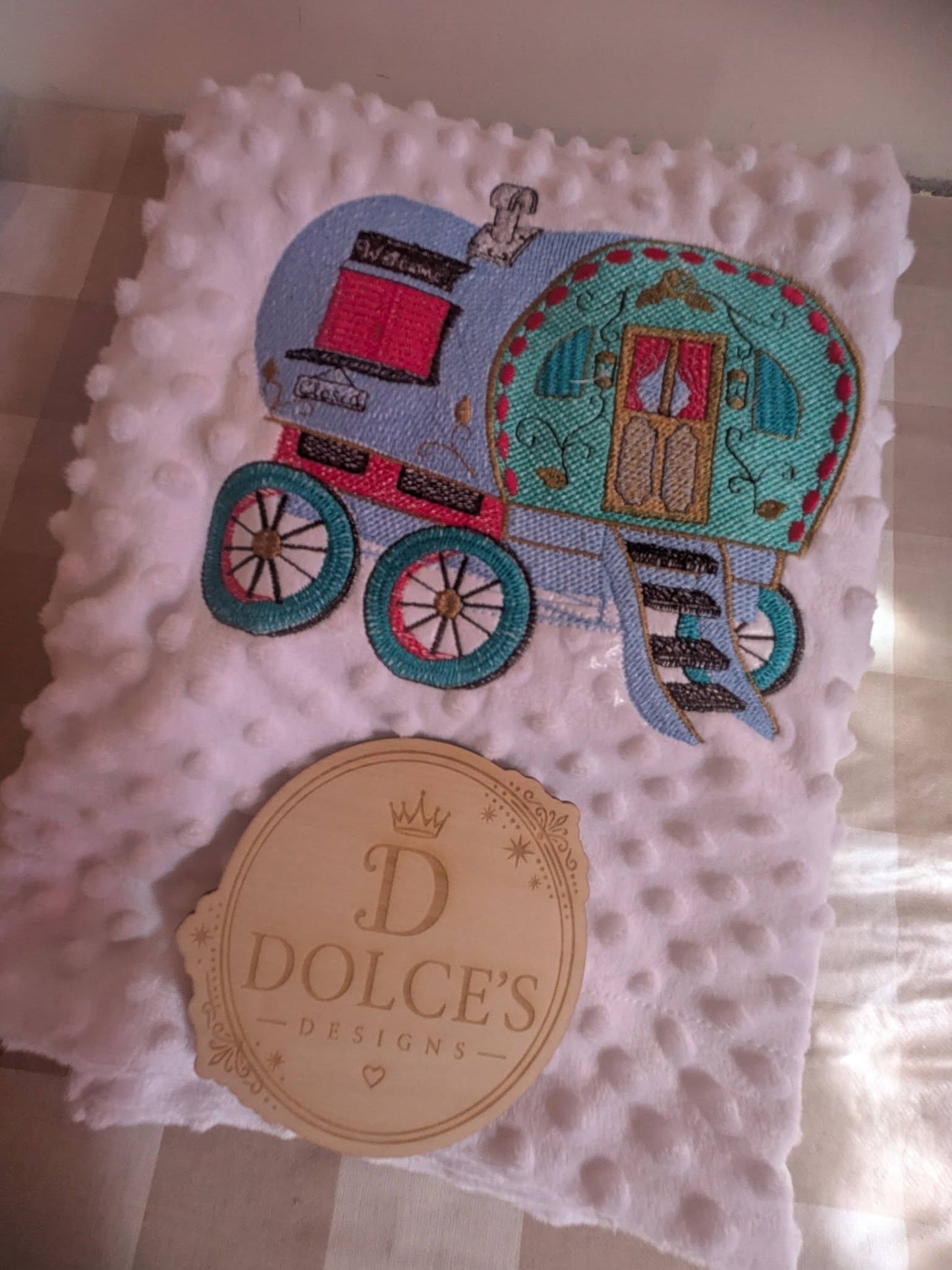 Luxury Gypsy Wagon Embroidered Baby Blanket | Soft White Minky Pram Blanket | Personalised Baby Blanket | New Baby Gift