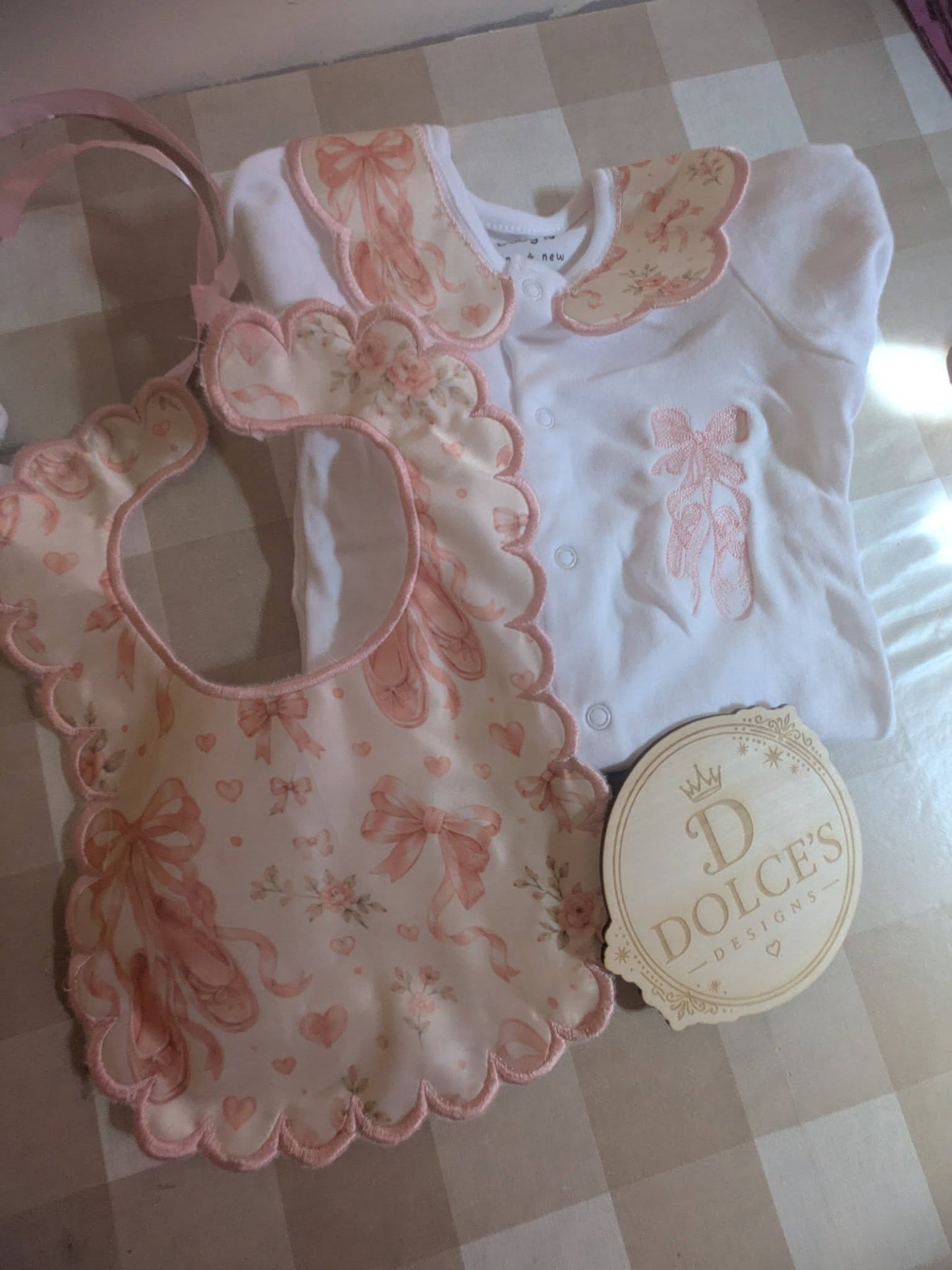 Pink Ballet Shoes Baby Gift Set | Embroidered Peter Pan Collar Babygrow & Matching Bib | Boutique Baby Girl Outfit | Personalised