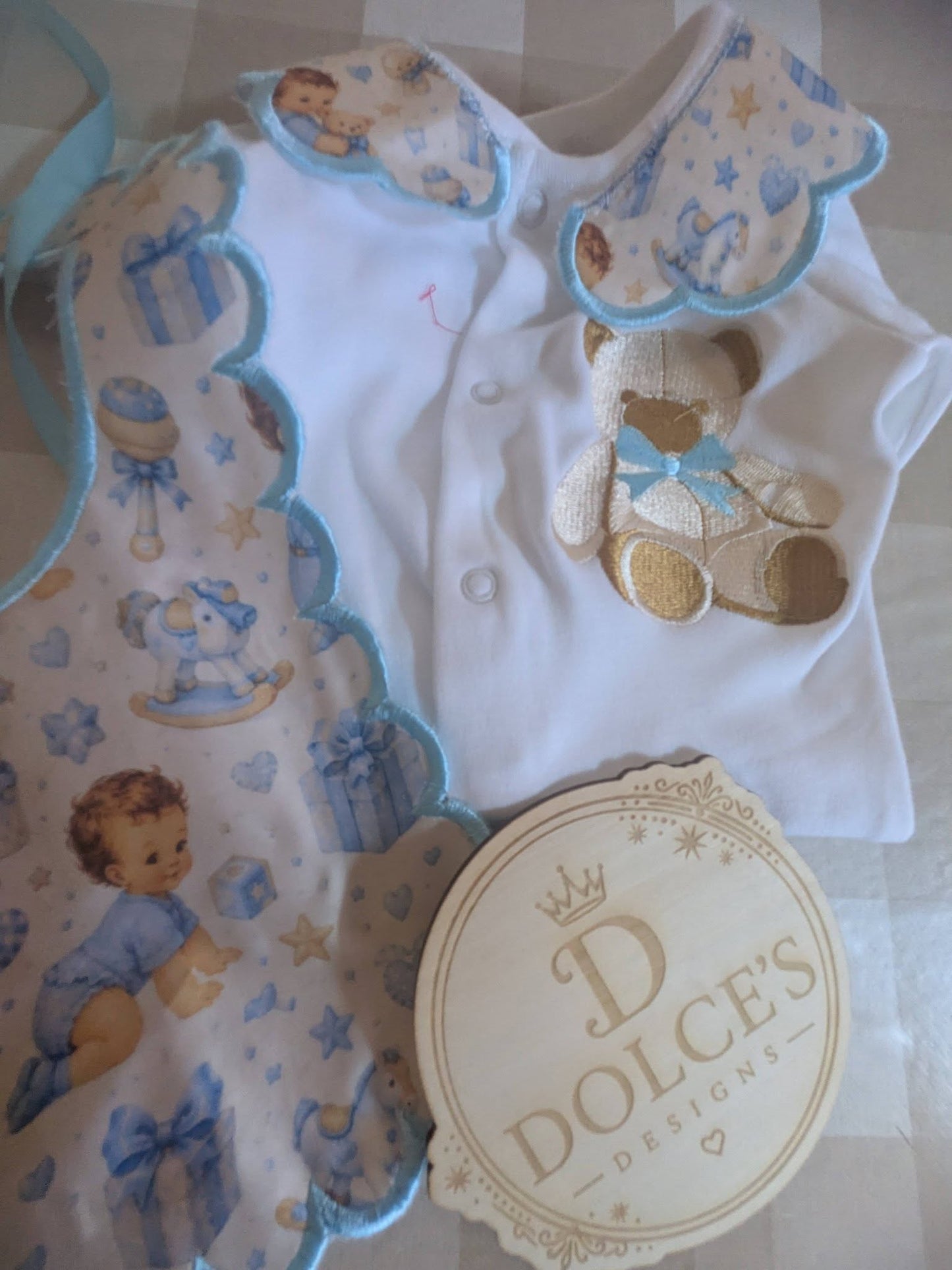 Luxury Blue Teddy Bear Baby Gift Set | Embroidered Peter Pan Collar Babygrow & Matching Bib | Boutique Baby Boy Outfit | Personalised