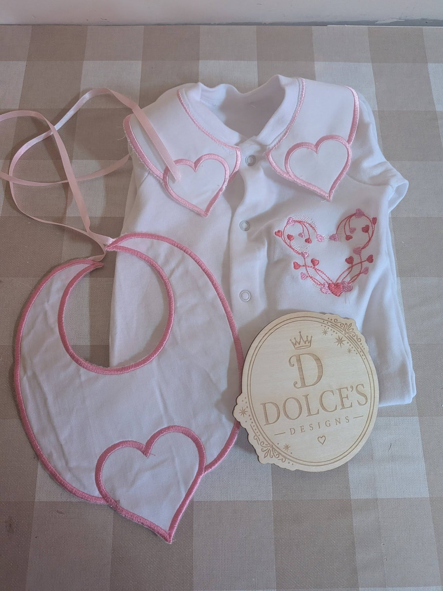 Luxury Love Heart Baby Gift Set | Embroidered Peter Pan Collar Babygrow & Matching Bib | Boutique Baby Girl Outfit | Personalised