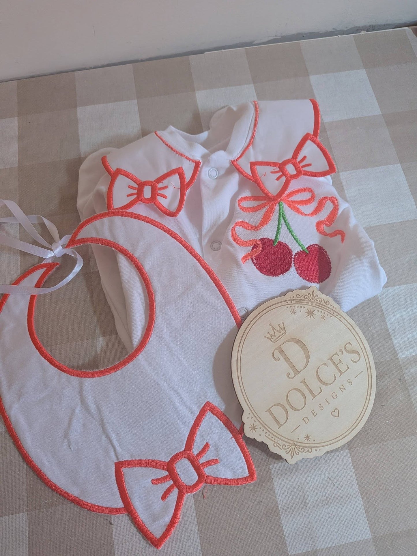 Luxury Cherry Baby Gift Set | Embroidered Peter Pan Collar Babygrow & Matching Bib | Boutique Baby Outfit | Personalised