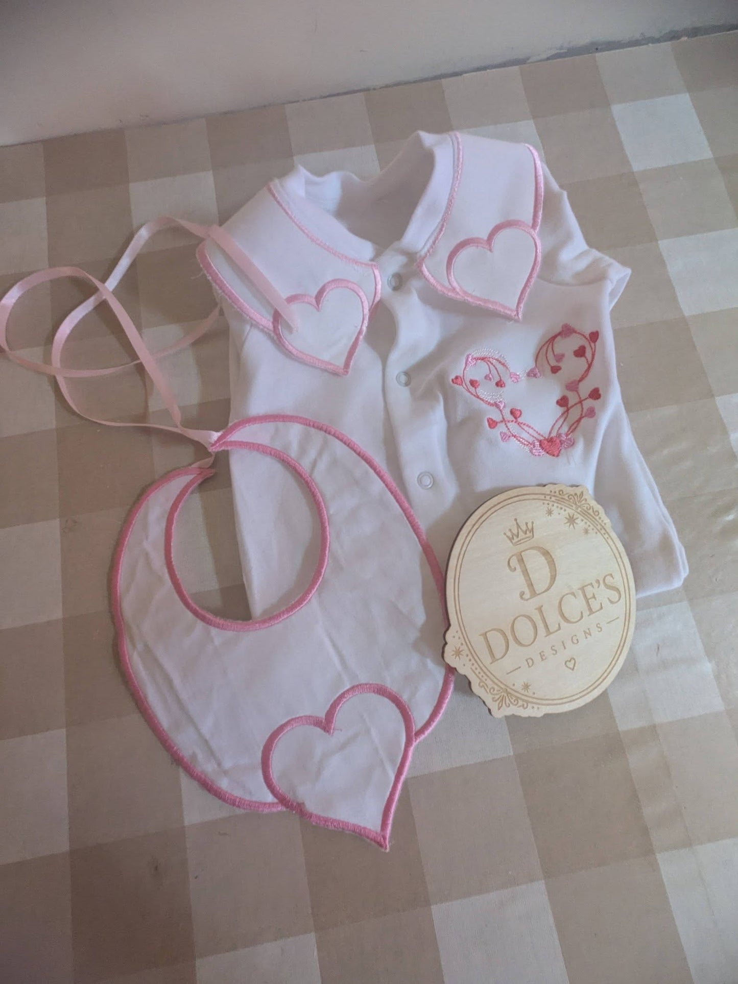 Luxury Love Heart Baby Gift Set | Embroidered Peter Pan Collar Babygrow & Matching Bib | Boutique Baby Girl Outfit | Personalised