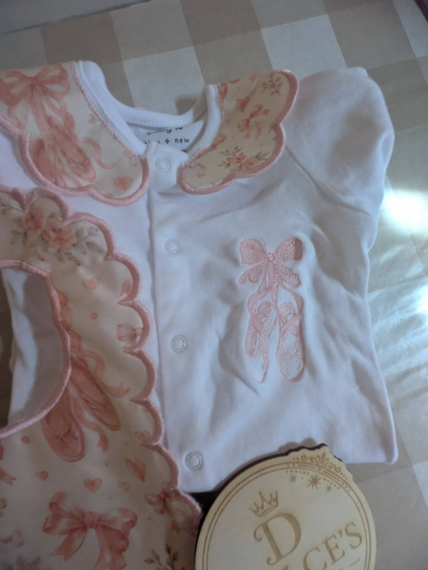 Pink Ballet Shoes Baby Gift Set | Embroidered Peter Pan Collar Babygrow & Matching Bib | Boutique Baby Girl Outfit | Personalised