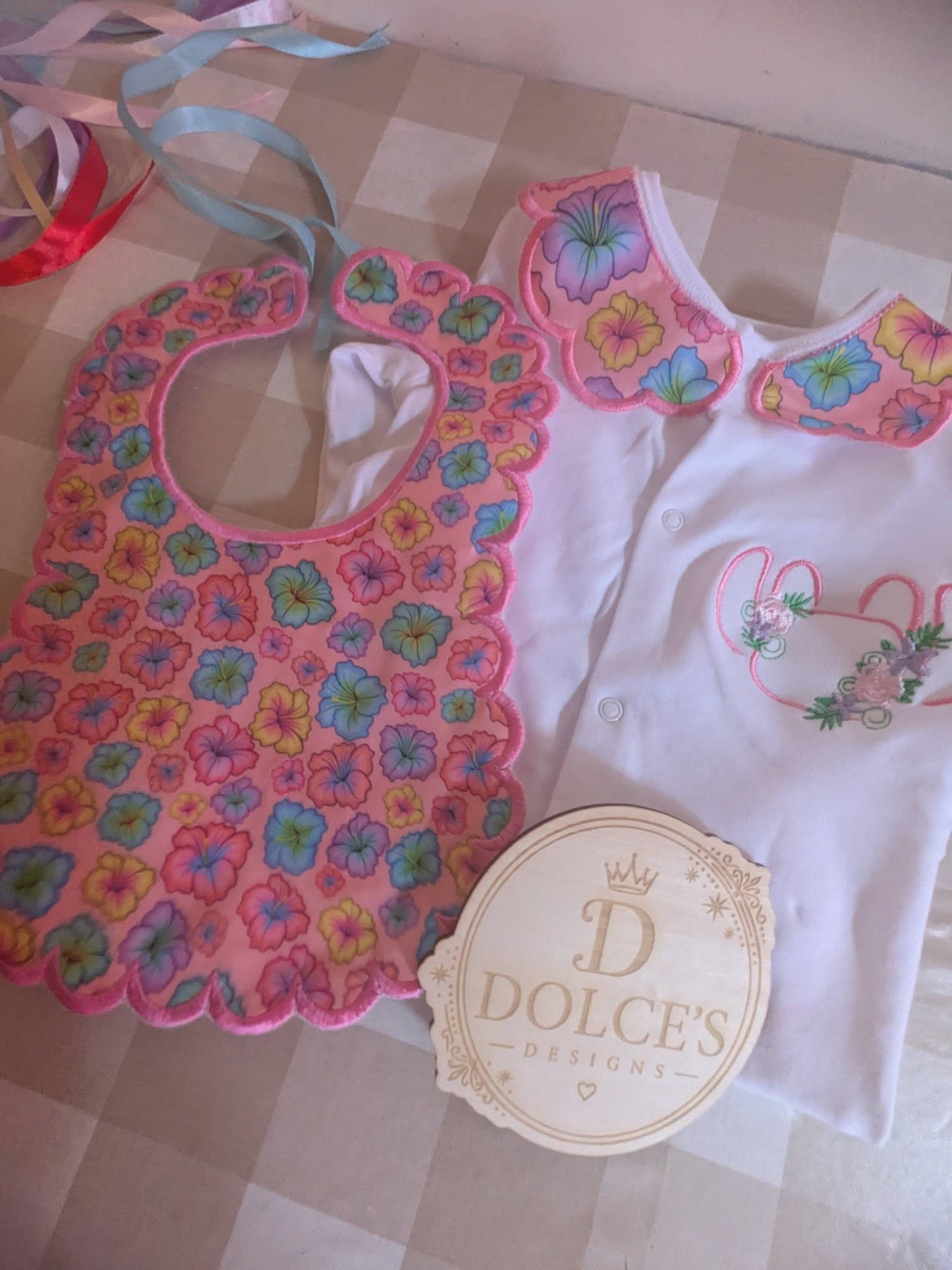 Luxury Tropical Angel Baby Gift Set | Embroidered Peter Pan Collar Babygrow & Matching Bib | Boutique Baby Girl Outfit | Personalised