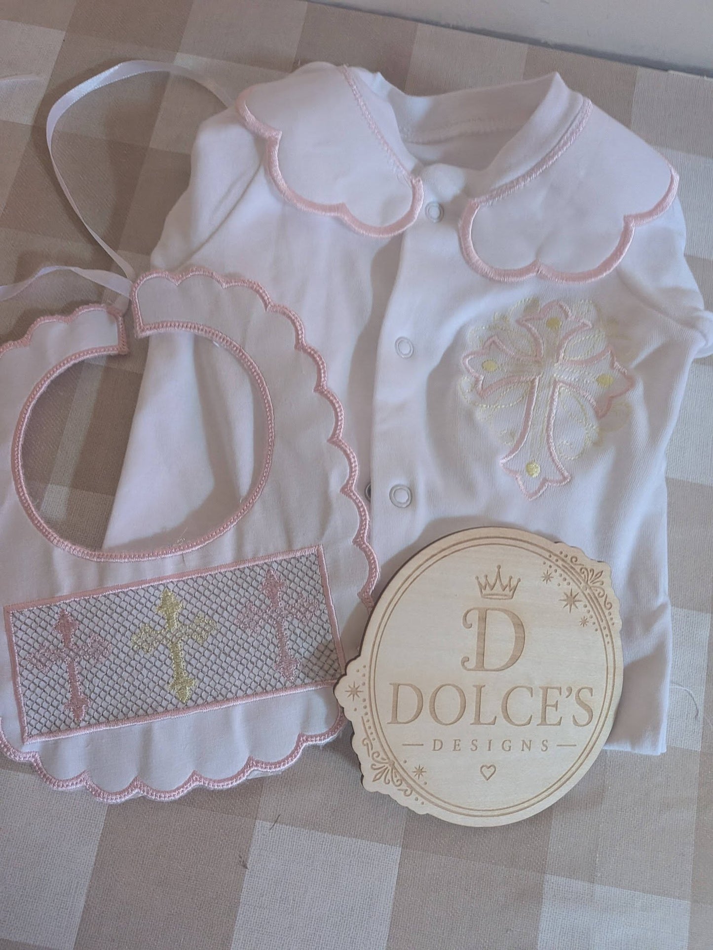 Luxury Faux Smocked Religious Cross Baby Gift Set | Embroidered Peter Pan Collar Babygrow & Matching Bib | Pink & Yellow Christening Outfit