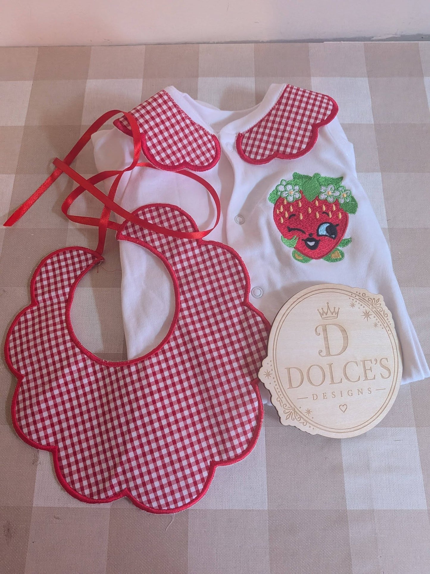 Luxury Strawberry Baby Gift Set | Embroidered Peter Pan Collar Babygrow & Matching Gingham Bib | Boutique Baby Outfit | Personalised
