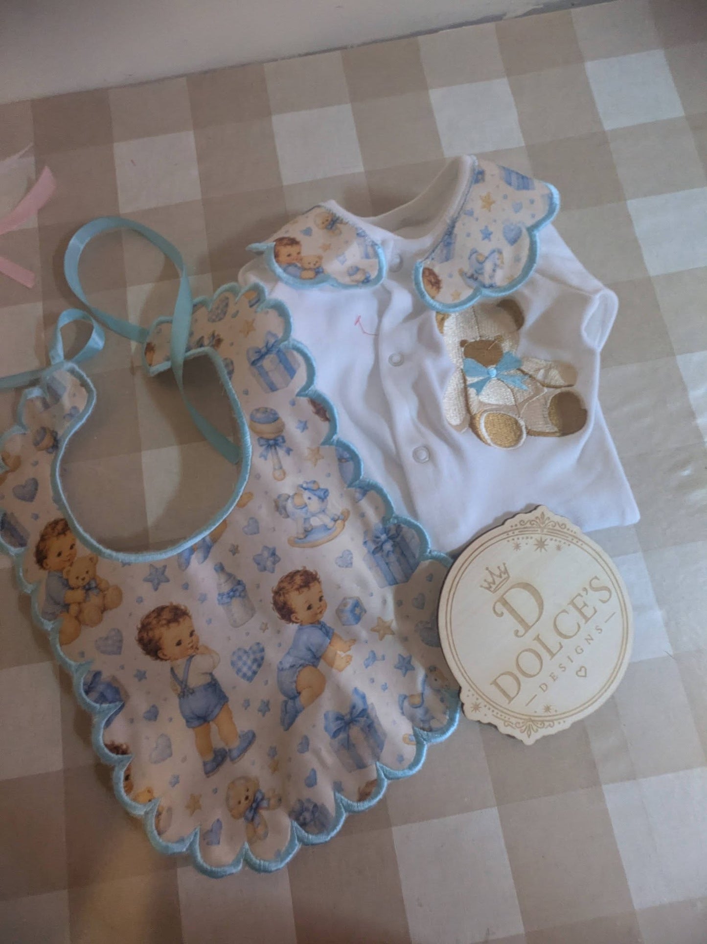 Luxury Blue Teddy Bear Baby Gift Set | Embroidered Peter Pan Collar Babygrow & Matching Bib | Boutique Baby Boy Outfit | Personalised