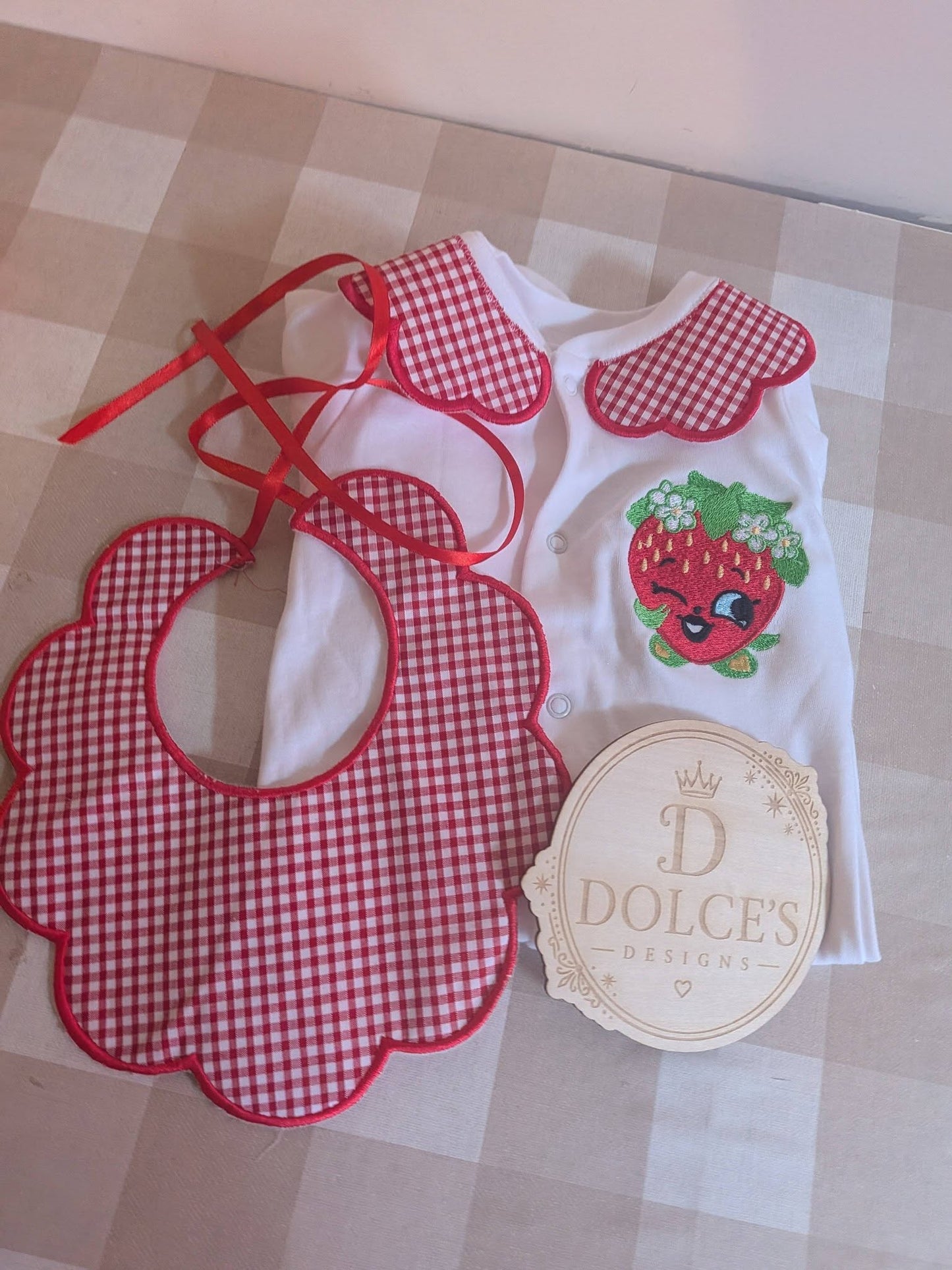 Luxury Strawberry Baby Gift Set | Embroidered Peter Pan Collar Babygrow & Matching Gingham Bib | Boutique Baby Outfit | Personalised