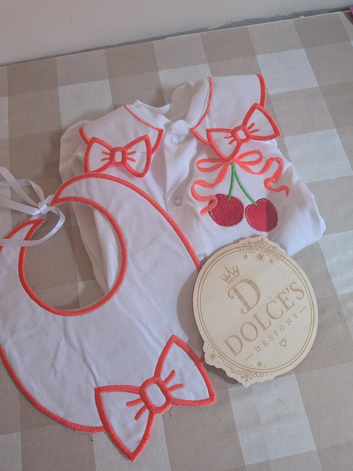 Luxury Cherry Baby Gift Set | Embroidered Peter Pan Collar Babygrow & Matching Bib | Boutique Baby Outfit | Personalised