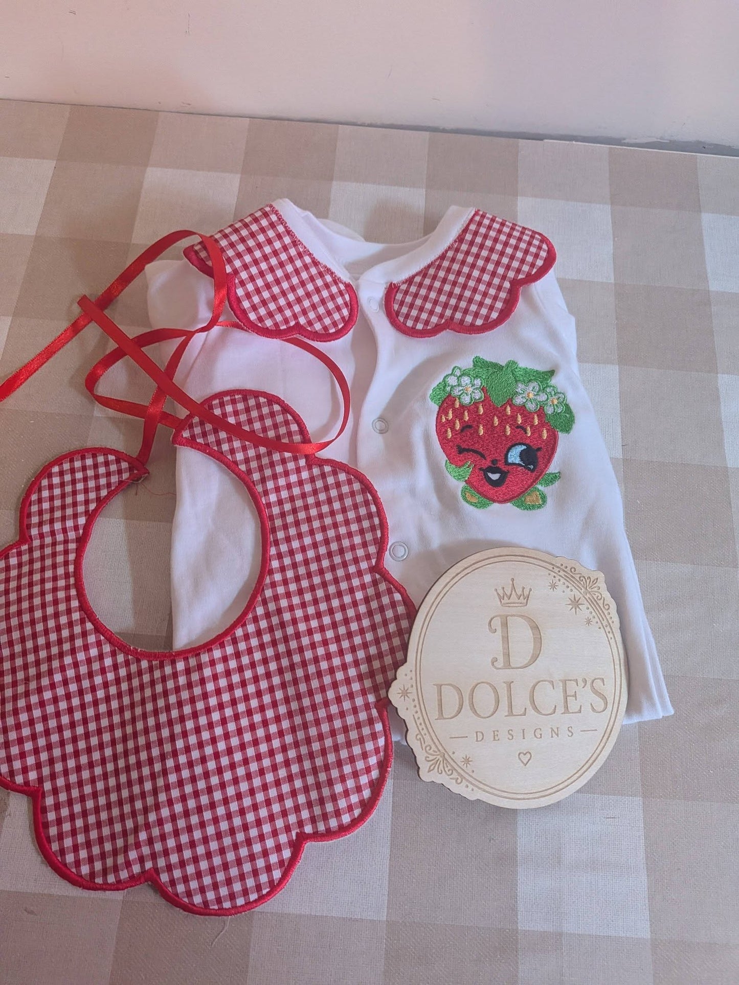 Luxury Strawberry Baby Gift Set | Embroidered Peter Pan Collar Babygrow & Matching Gingham Bib | Boutique Baby Outfit | Personalised