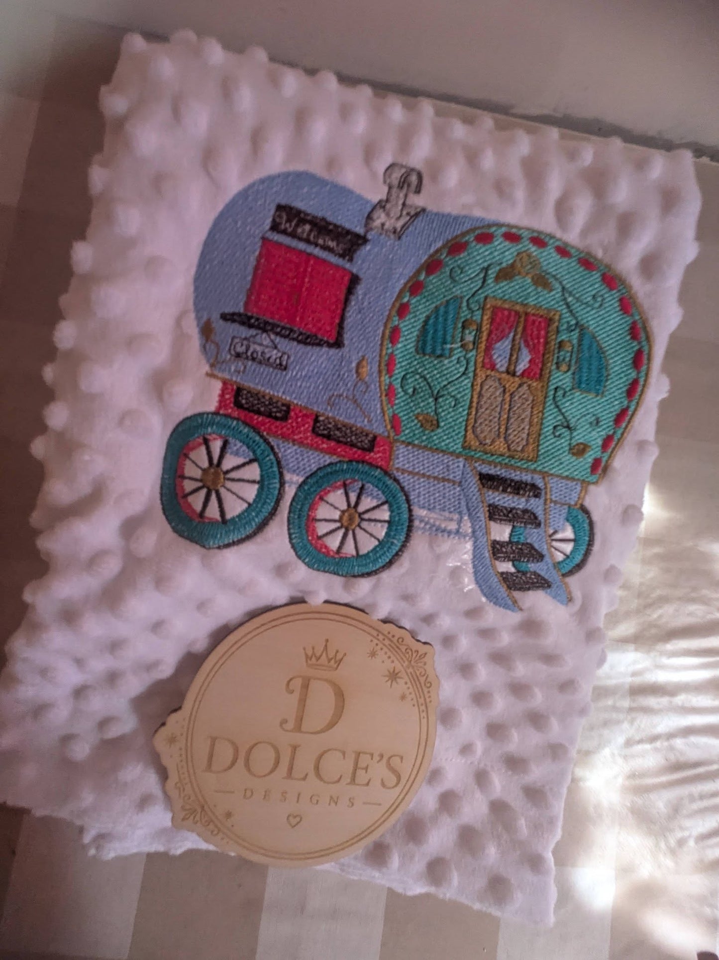 Luxury Gypsy Wagon Embroidered Baby Blanket | Soft White Minky Pram Blanket | Personalised Baby Blanket | New Baby Gift