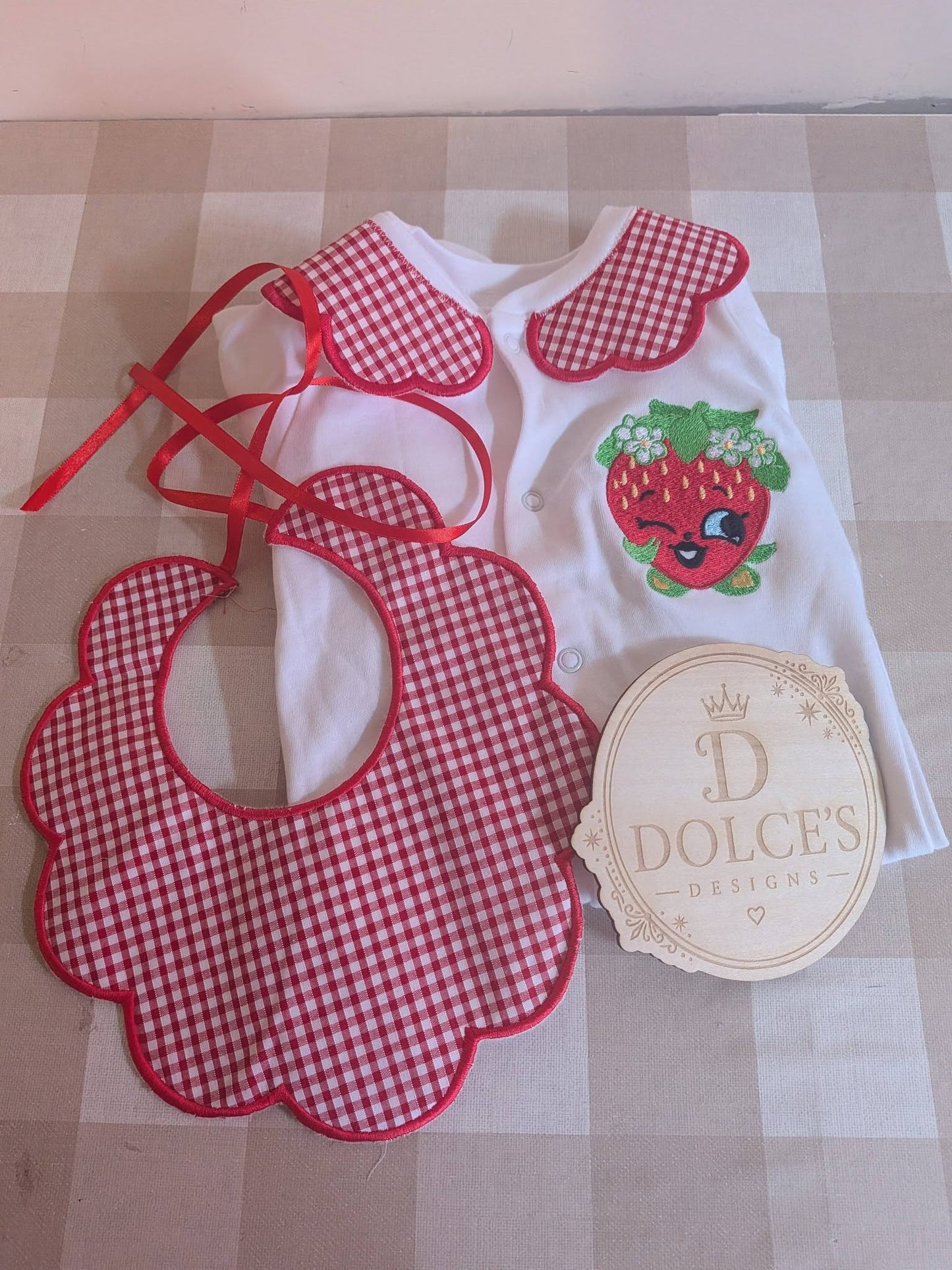 Luxury Strawberry Baby Gift Set | Embroidered Peter Pan Collar Babygrow & Matching Gingham Bib | Boutique Baby Outfit | Personalised