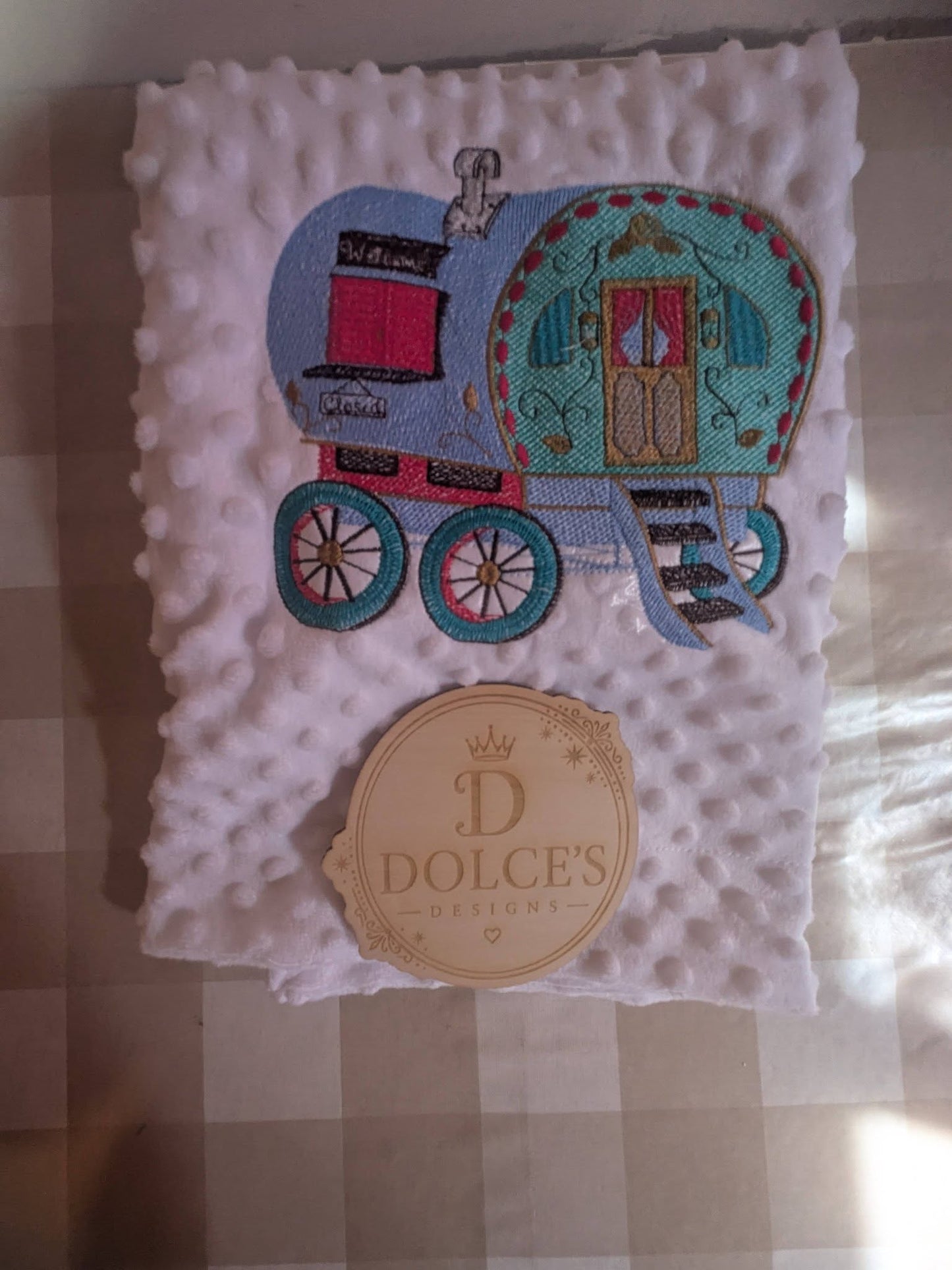 Luxury Gypsy Wagon Embroidered Baby Blanket | Soft White Minky Pram Blanket | Personalised Baby Blanket | New Baby Gift