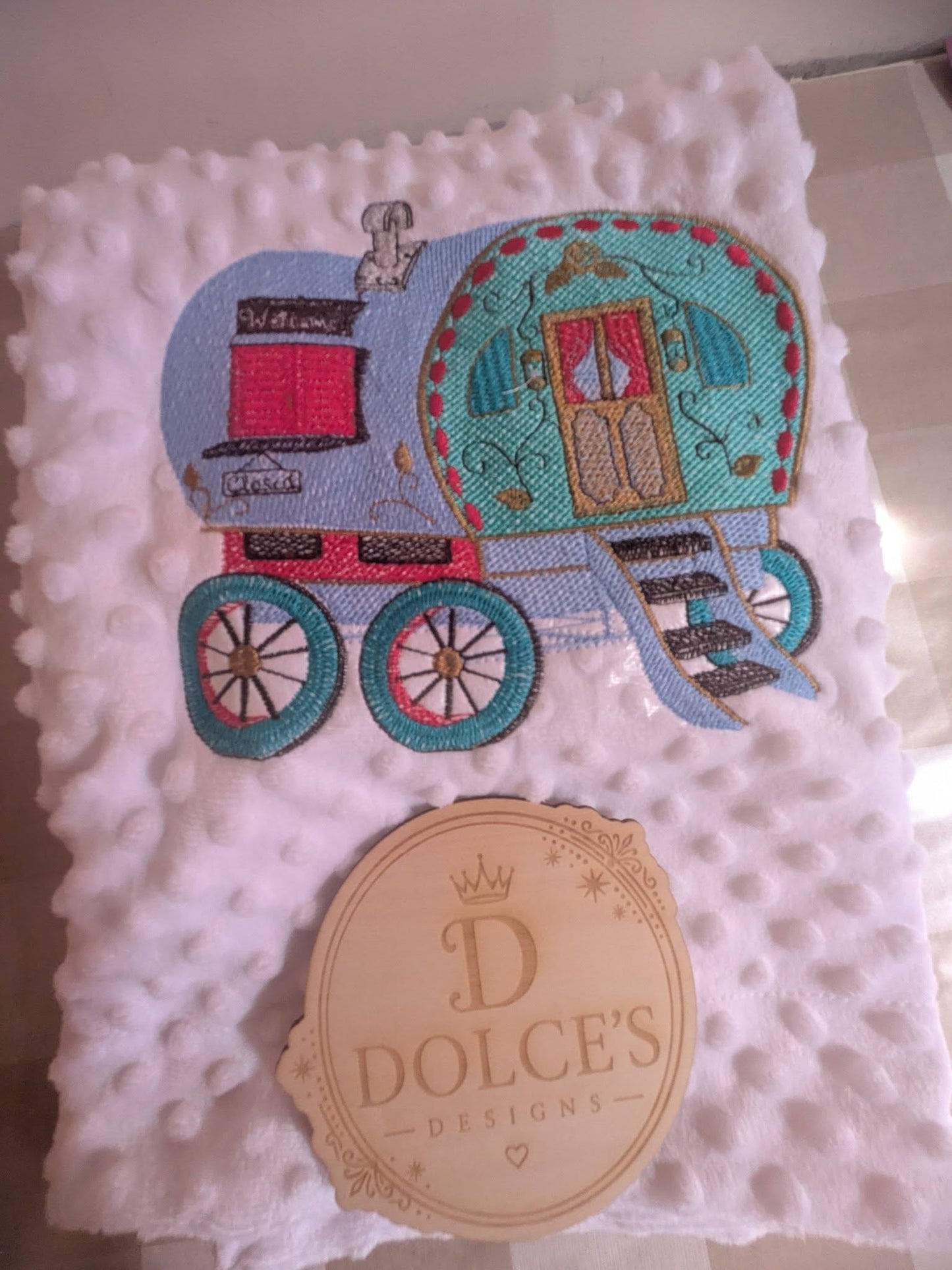 Luxury Gypsy Wagon Embroidered Baby Blanket | Soft White Minky Pram Blanket | Personalised Baby Blanket | New Baby Gift