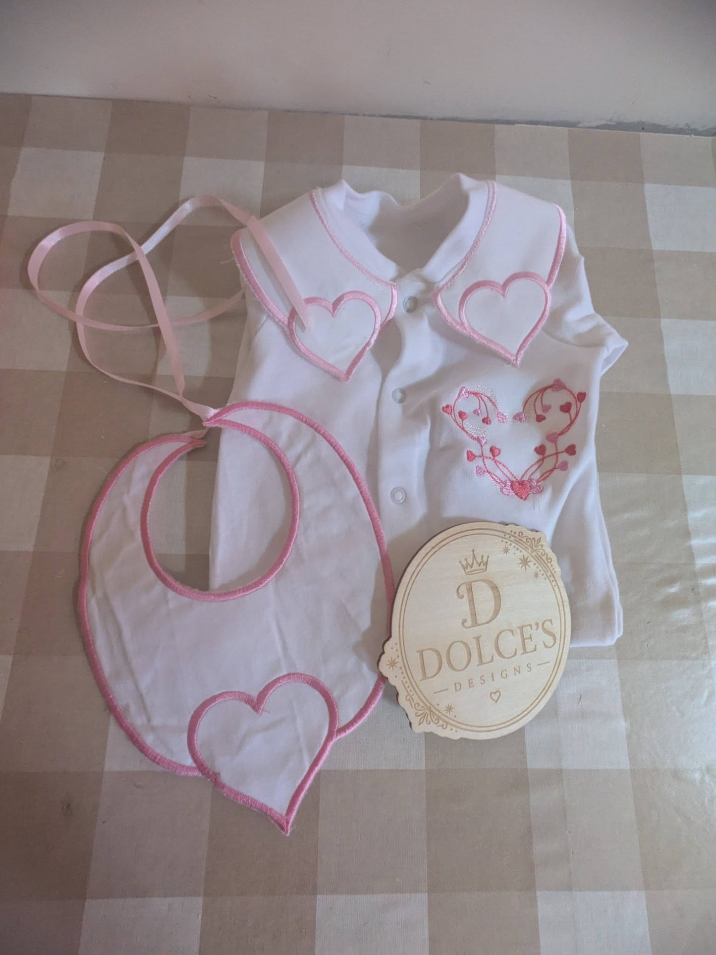 Luxury Love Heart Baby Gift Set | Embroidered Peter Pan Collar Babygrow & Matching Bib | Boutique Baby Girl Outfit | Personalised