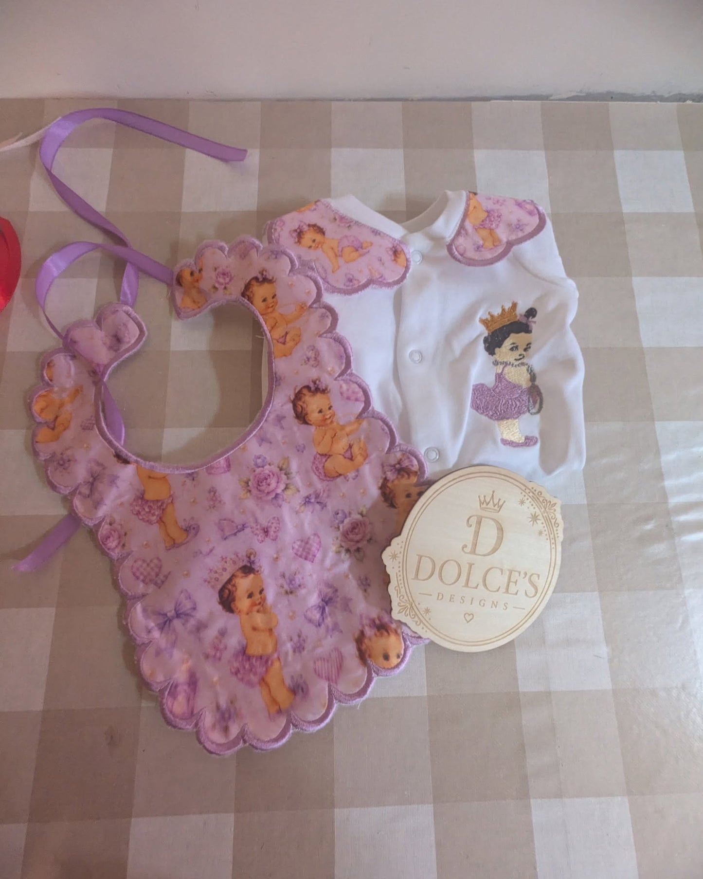 Luxury Vintage Princess Baby Gift Set | Embroidered Peter Pan Collar Babygrow & Matching Bib | Boutique Baby Girl Outfit | Personalised