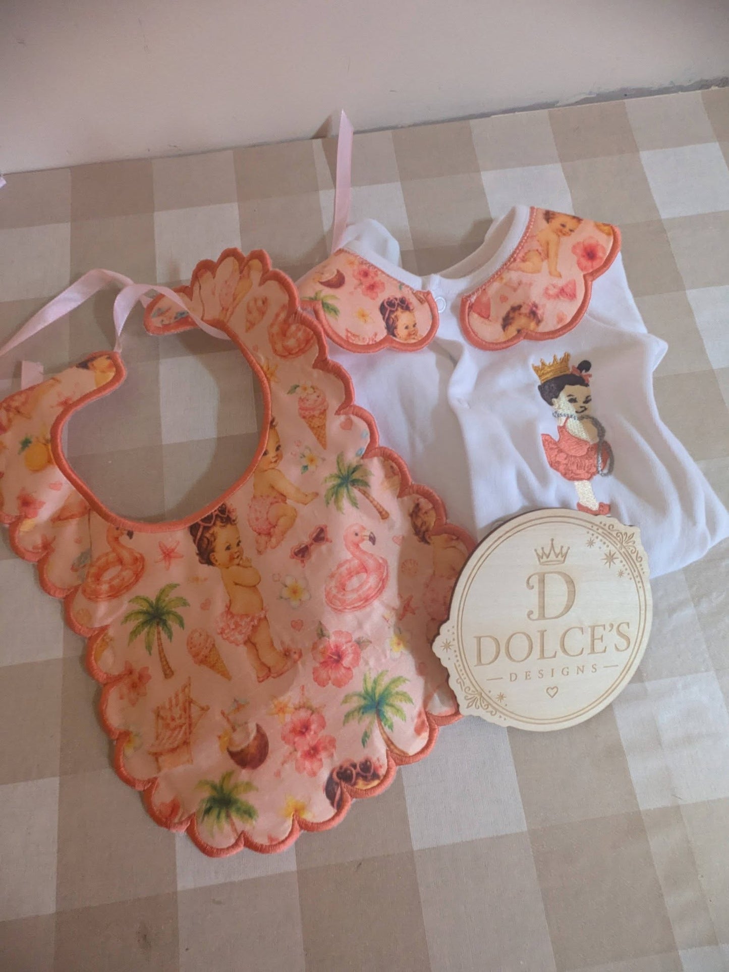 Luxury Tropical Princess Baby Gift Set | Embroidered Peter Pan Collar Babygrow & Matching Bib | Boutique Baby Girl Outfit | Personalised
