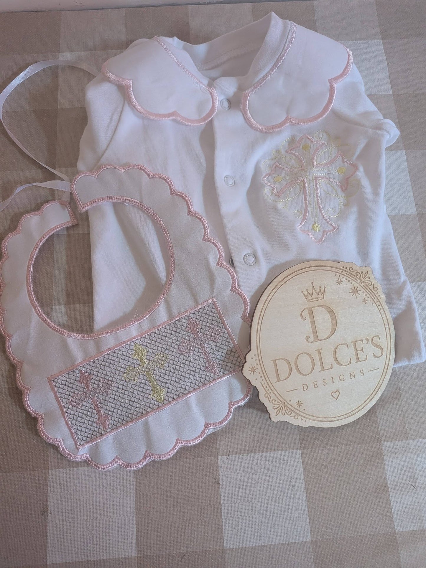 Luxury Faux Smocked Religious Cross Baby Gift Set | Embroidered Peter Pan Collar Babygrow & Matching Bib | Pink & Yellow Christening Outfit