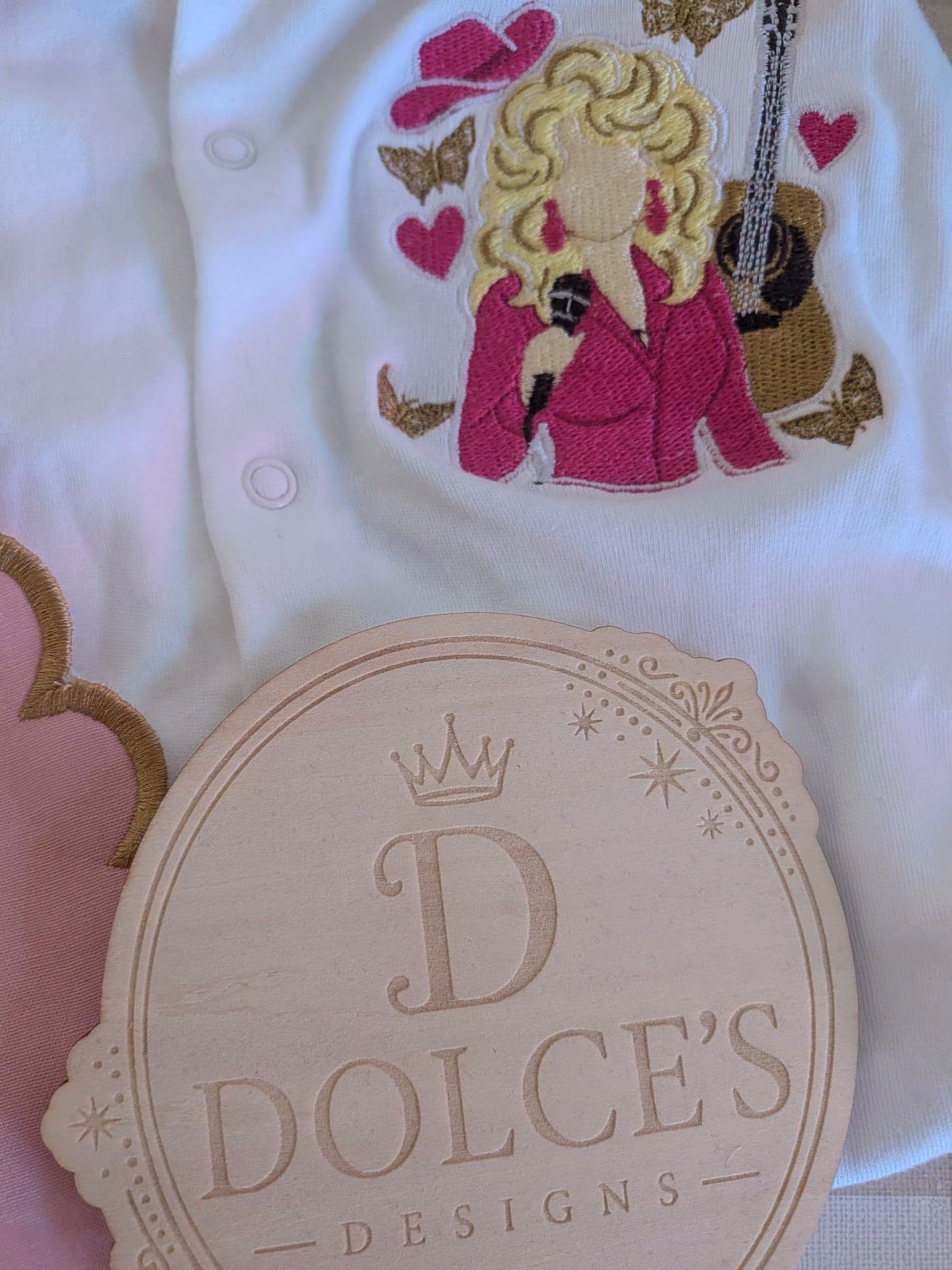 Dolly Parton Inspired Baby Set – Pink & Gold Embroidered Babygrow & Bib