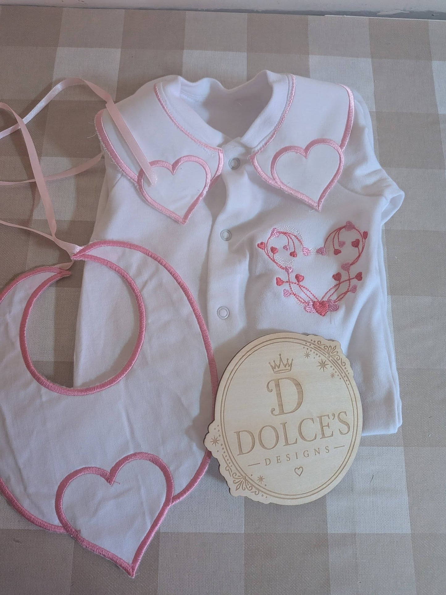 Luxury Love Heart Baby Gift Set | Embroidered Peter Pan Collar Babygrow & Matching Bib | Boutique Baby Girl Outfit | Personalised