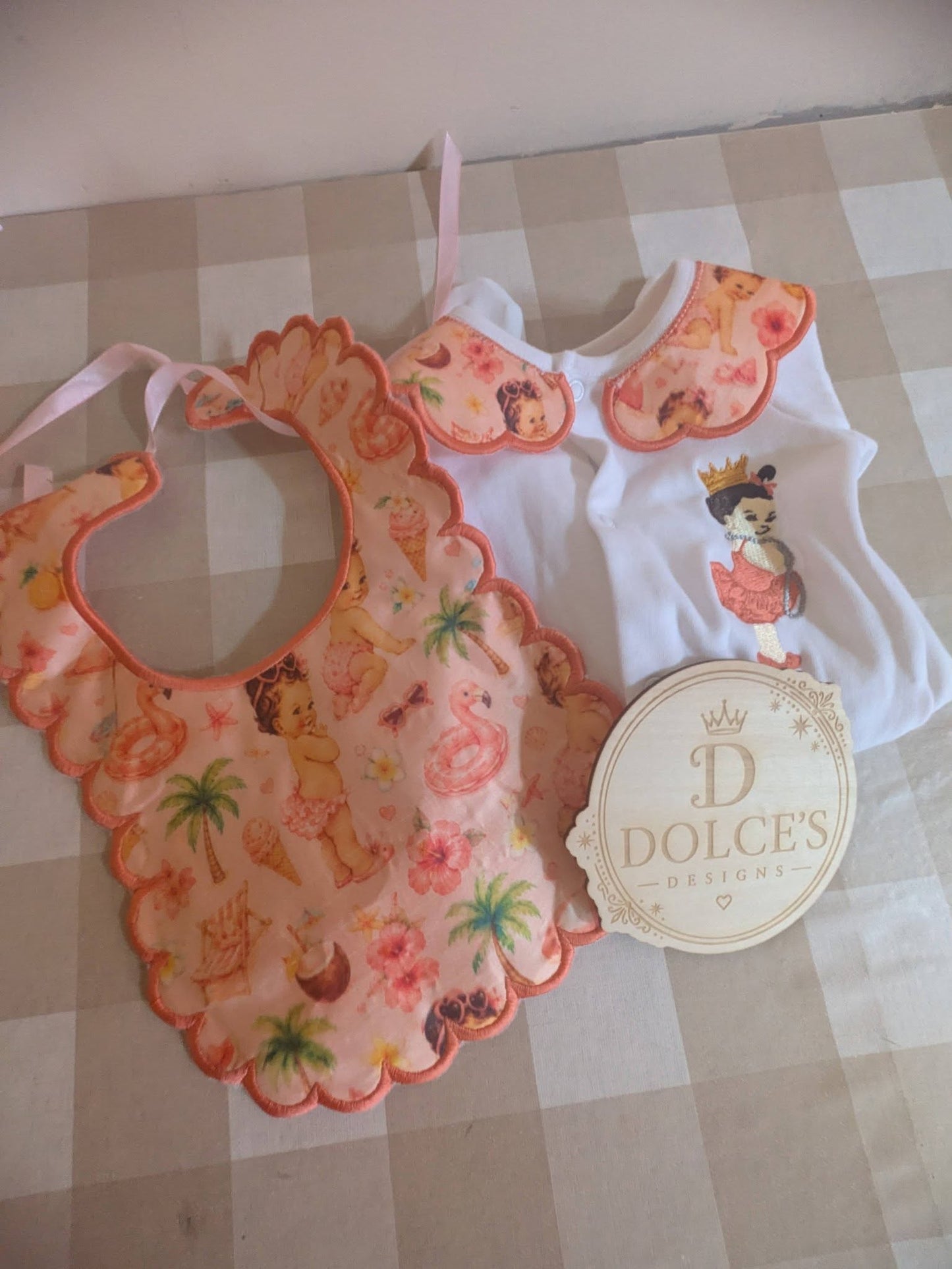 Luxury Tropical Princess Baby Gift Set | Embroidered Peter Pan Collar Babygrow & Matching Bib | Boutique Baby Girl Outfit | Personalised