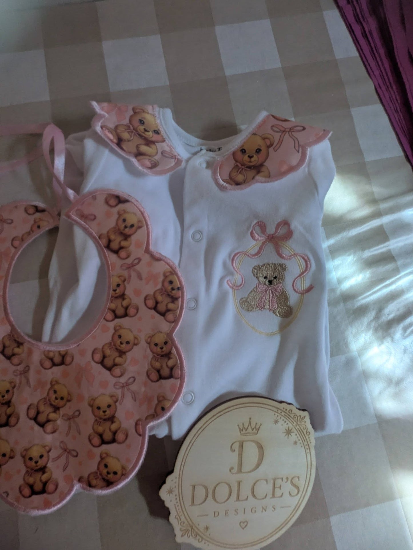 Luxury Pink Teddy Bear Baby Gift Set | Embroidered Peter Pan Collar Babygrow & Matching Bib | Boutique Baby Girl Outfit | Personalised