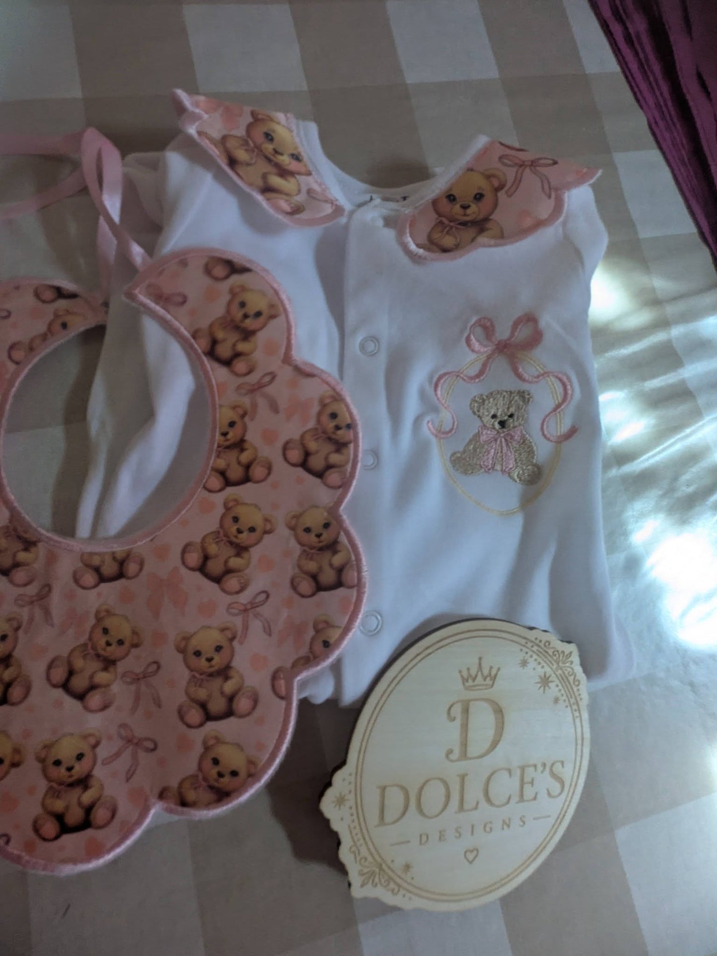 Luxury Pink Teddy Bear Baby Gift Set | Embroidered Peter Pan Collar Babygrow & Matching Bib | Boutique Baby Girl Outfit | Personalised