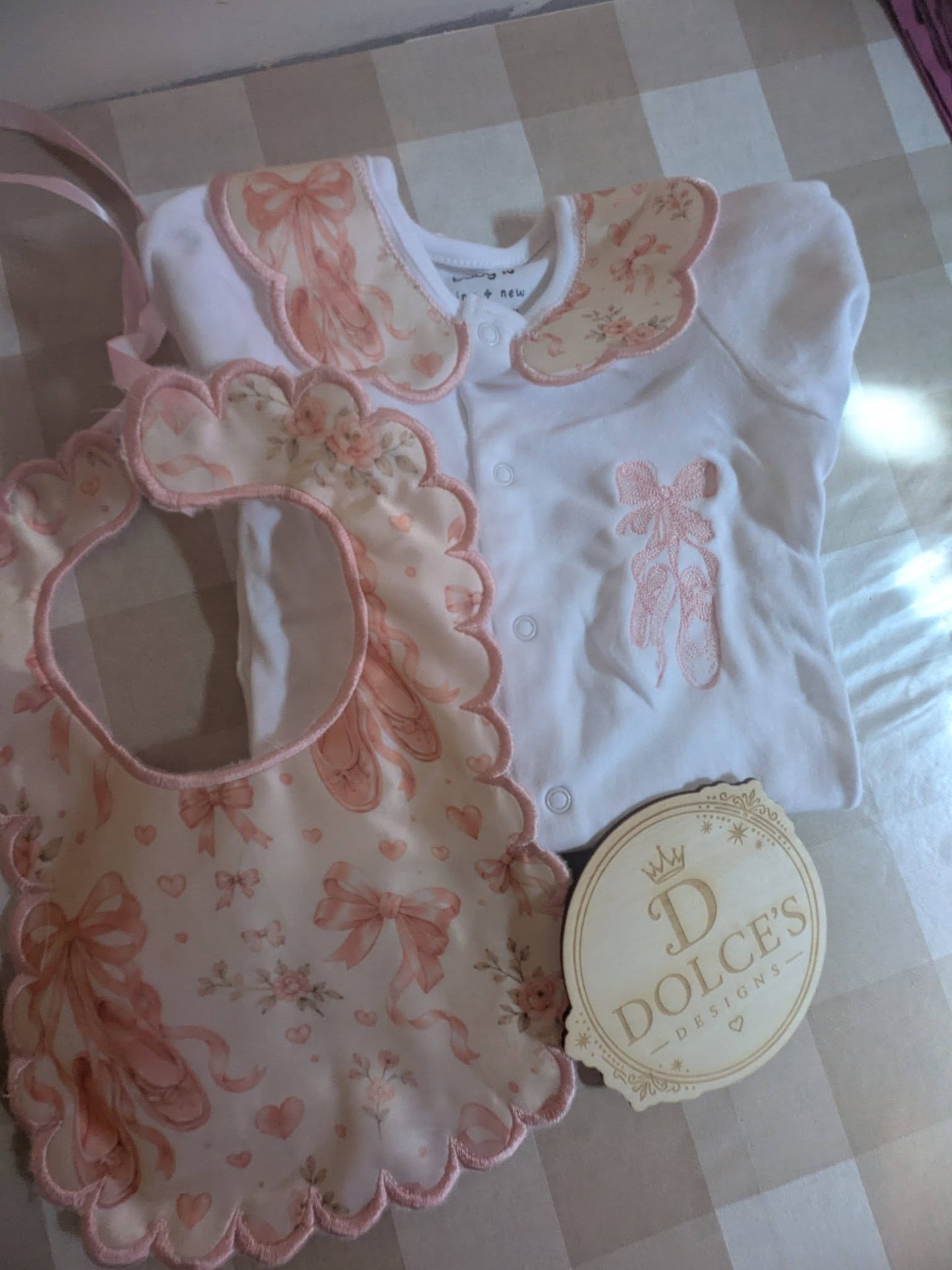 Pink Ballet Shoes Baby Gift Set | Embroidered Peter Pan Collar Babygrow & Matching Bib | Boutique Baby Girl Outfit | Personalised