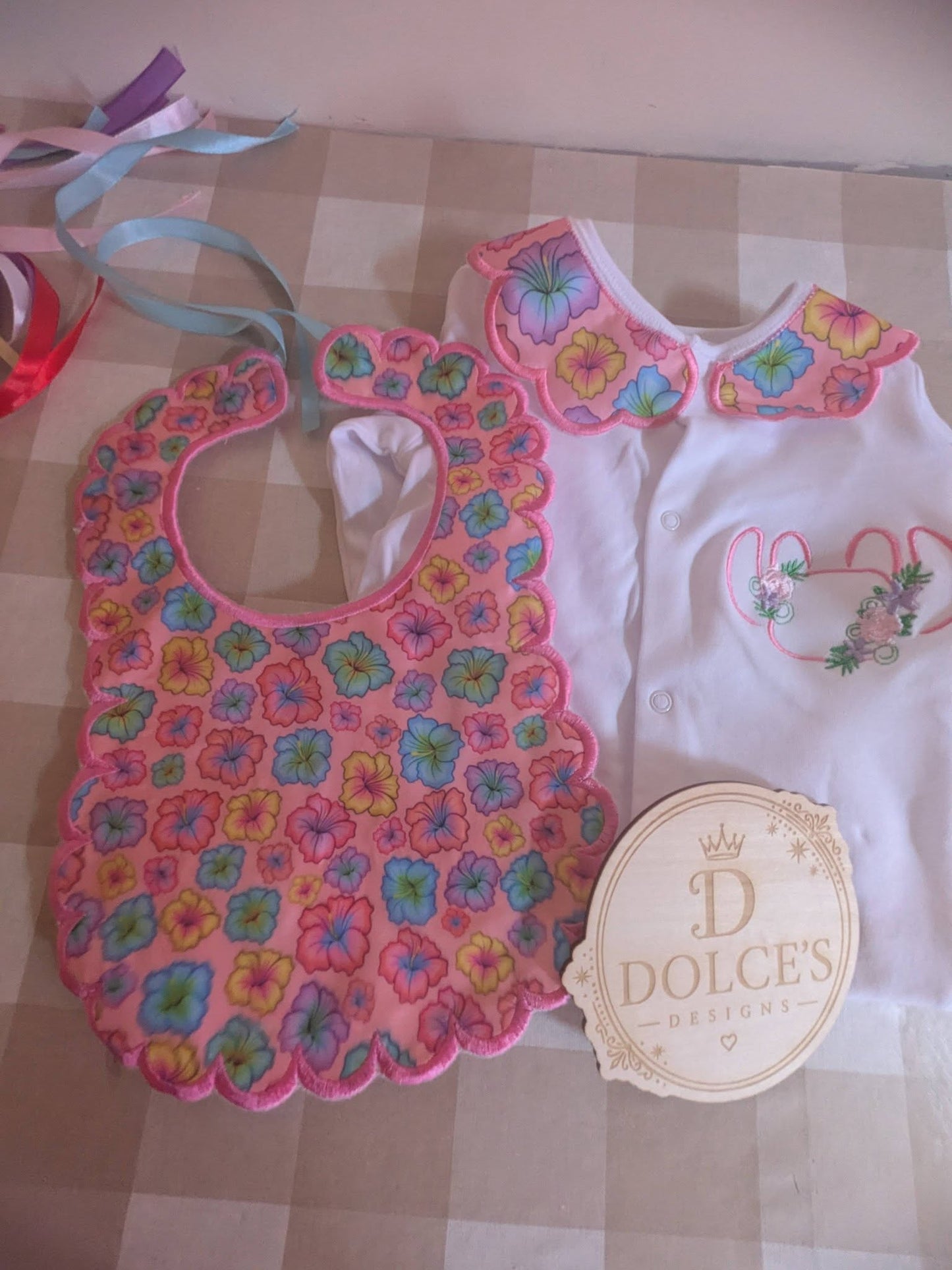 Luxury Tropical Angel Baby Gift Set | Embroidered Peter Pan Collar Babygrow & Matching Bib | Boutique Baby Girl Outfit | Personalised