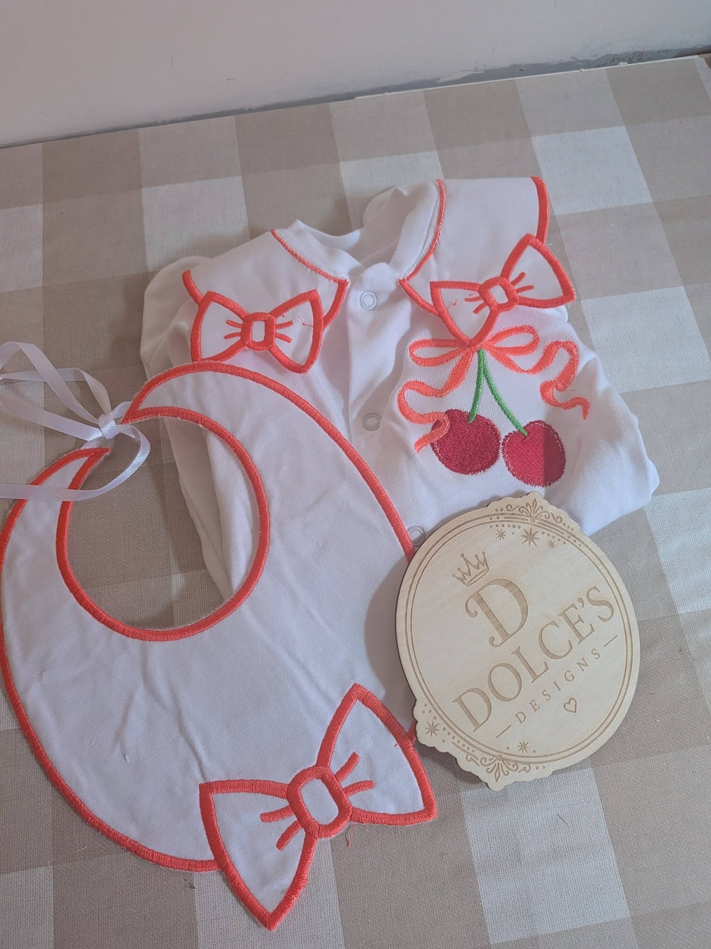 Luxury Cherry Baby Gift Set | Embroidered Peter Pan Collar Babygrow & Matching Bib | Boutique Baby Outfit | Personalised