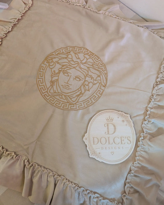 Luxury Gold Emblem Ruffle Cushion Cover – Neutral Embroidered Design