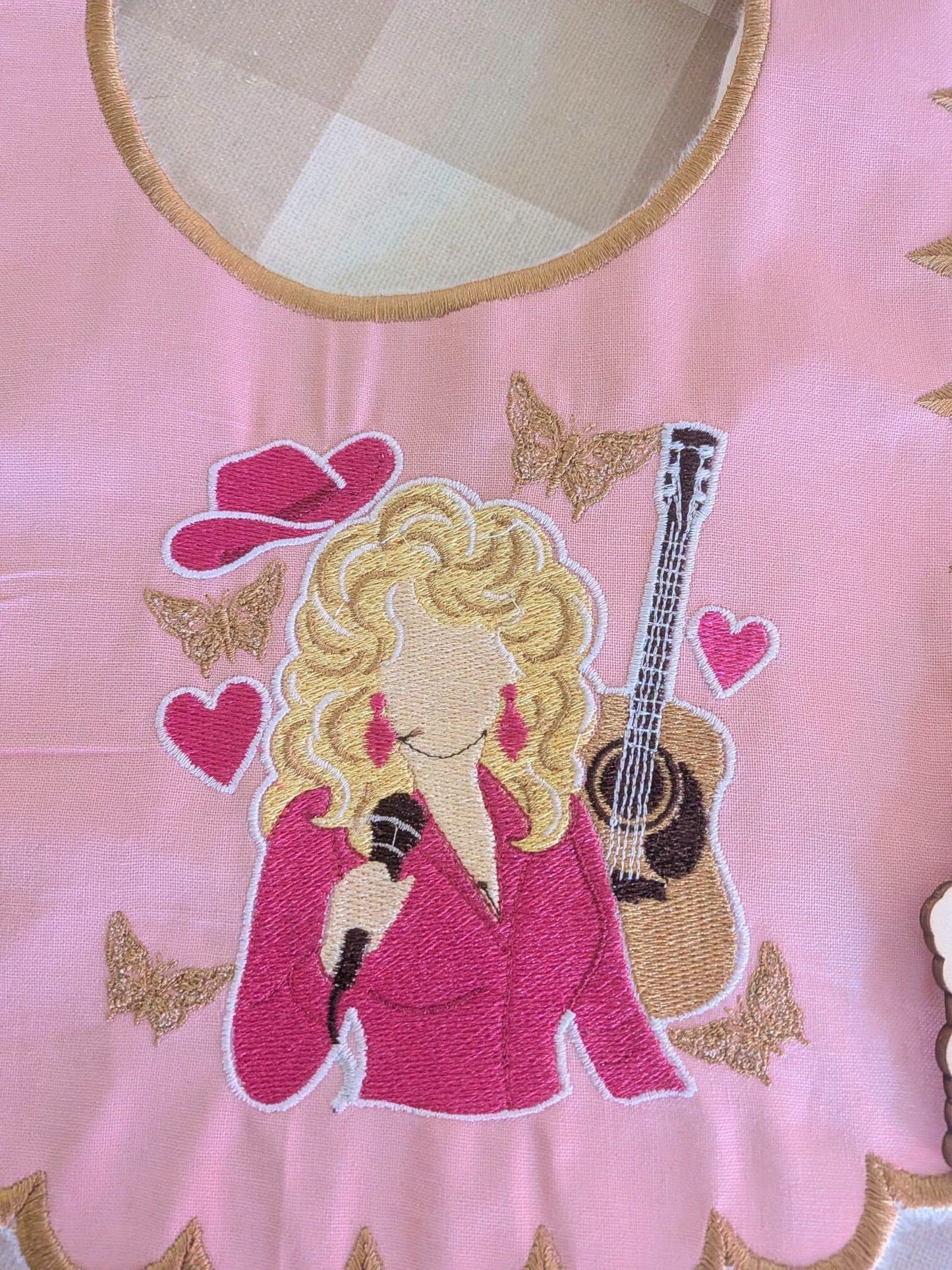 Dolly Parton Inspired Baby Set – Pink & Gold Embroidered Babygrow & Bib